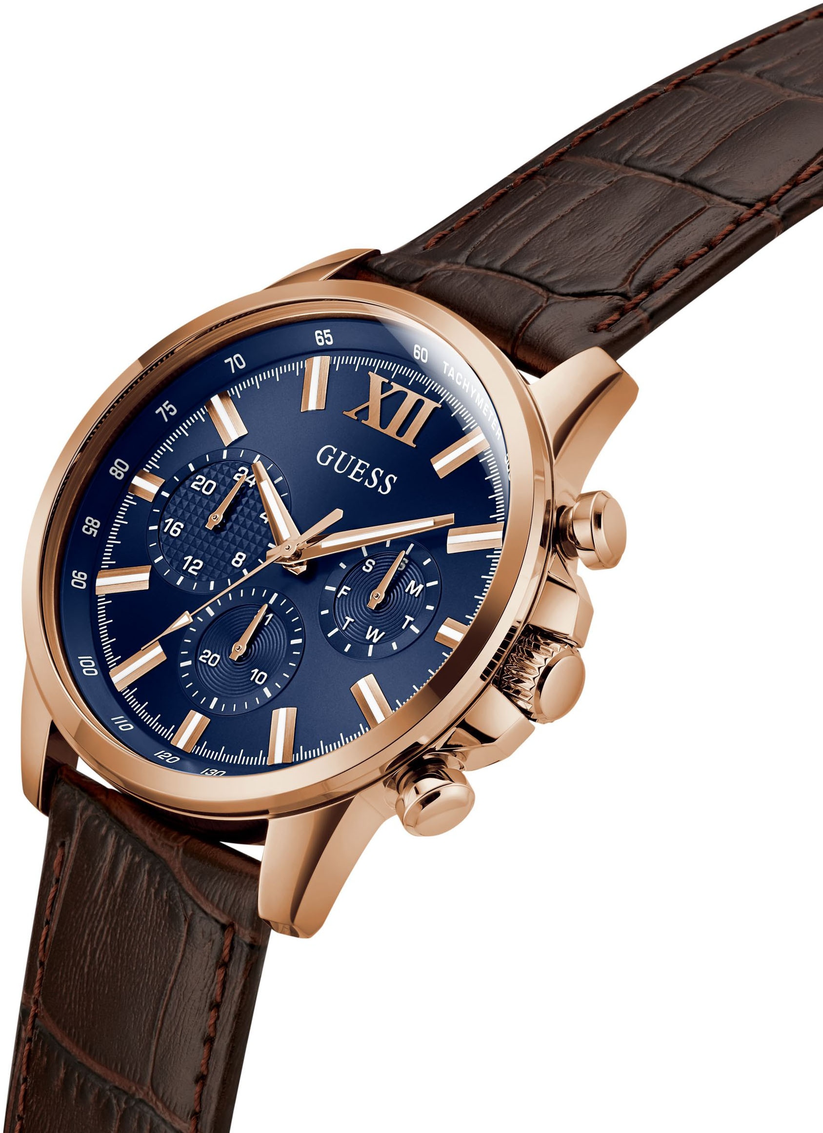 Guess Multifunktionsuhr »WALKER« Quarzuhr, Armbanduhr, Herrenuhr, Datum, Wochentag, Lederarmband