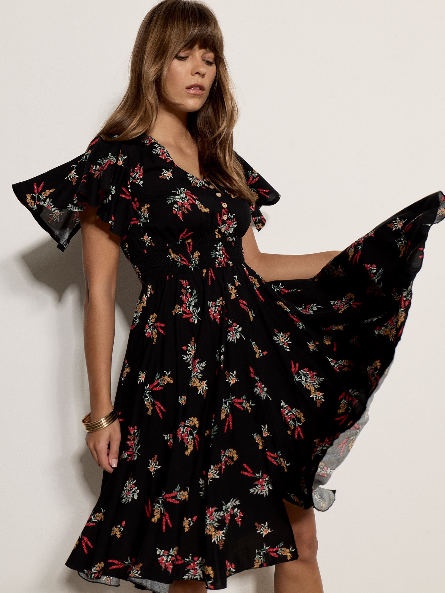 Apricot Midikleid »Geblümtes Midi-Kleid« mit Smokdetails