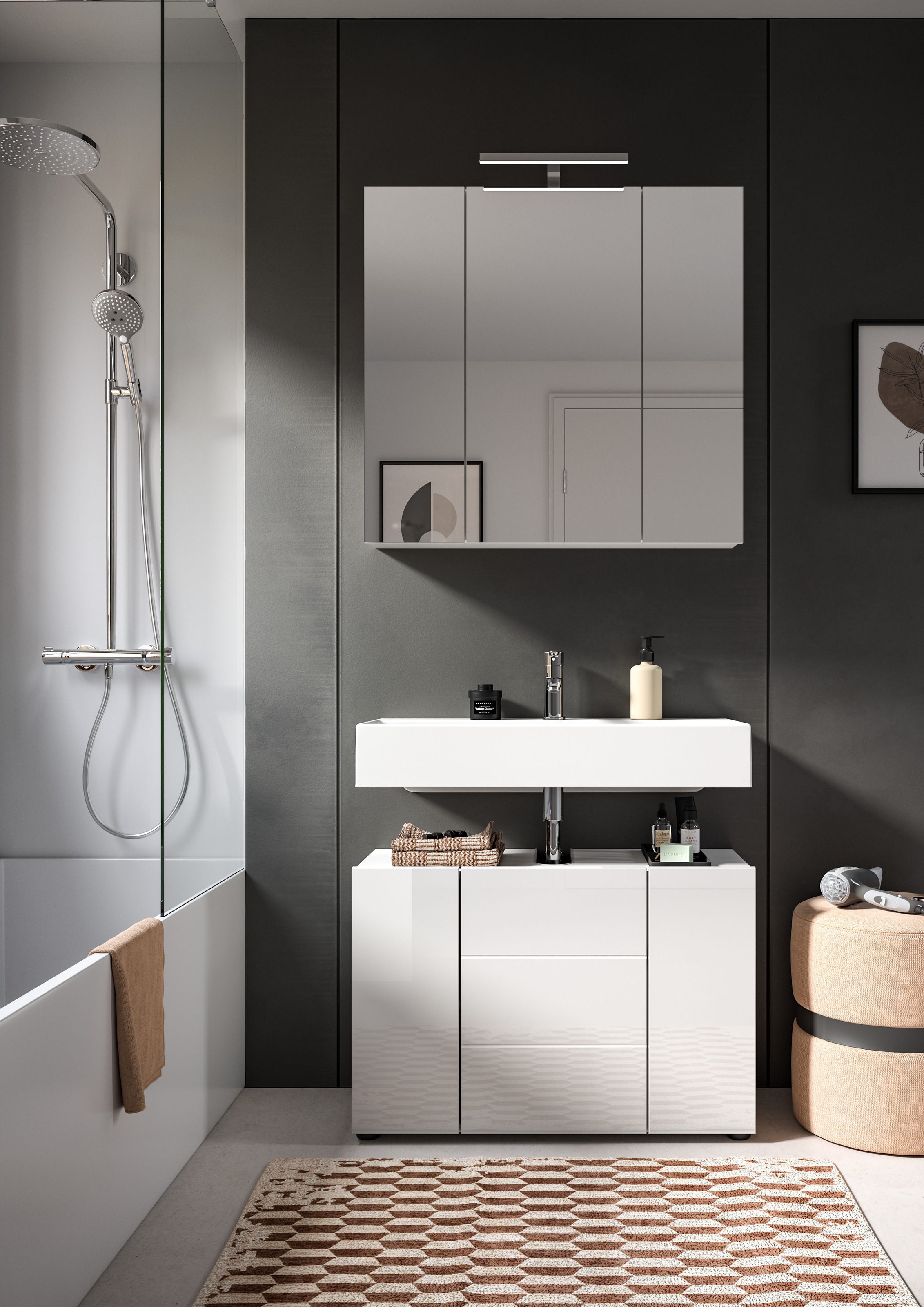 welltime Spiegelschrank »BIEL, TOPSELLER!, Breite 82 cm, 3 Türen, 6 Einlegeböden, 9 Fächer«, (1 St.), Badmöbel, Badschrank, Schrank, Wandschrank, Bad, Badezimmer