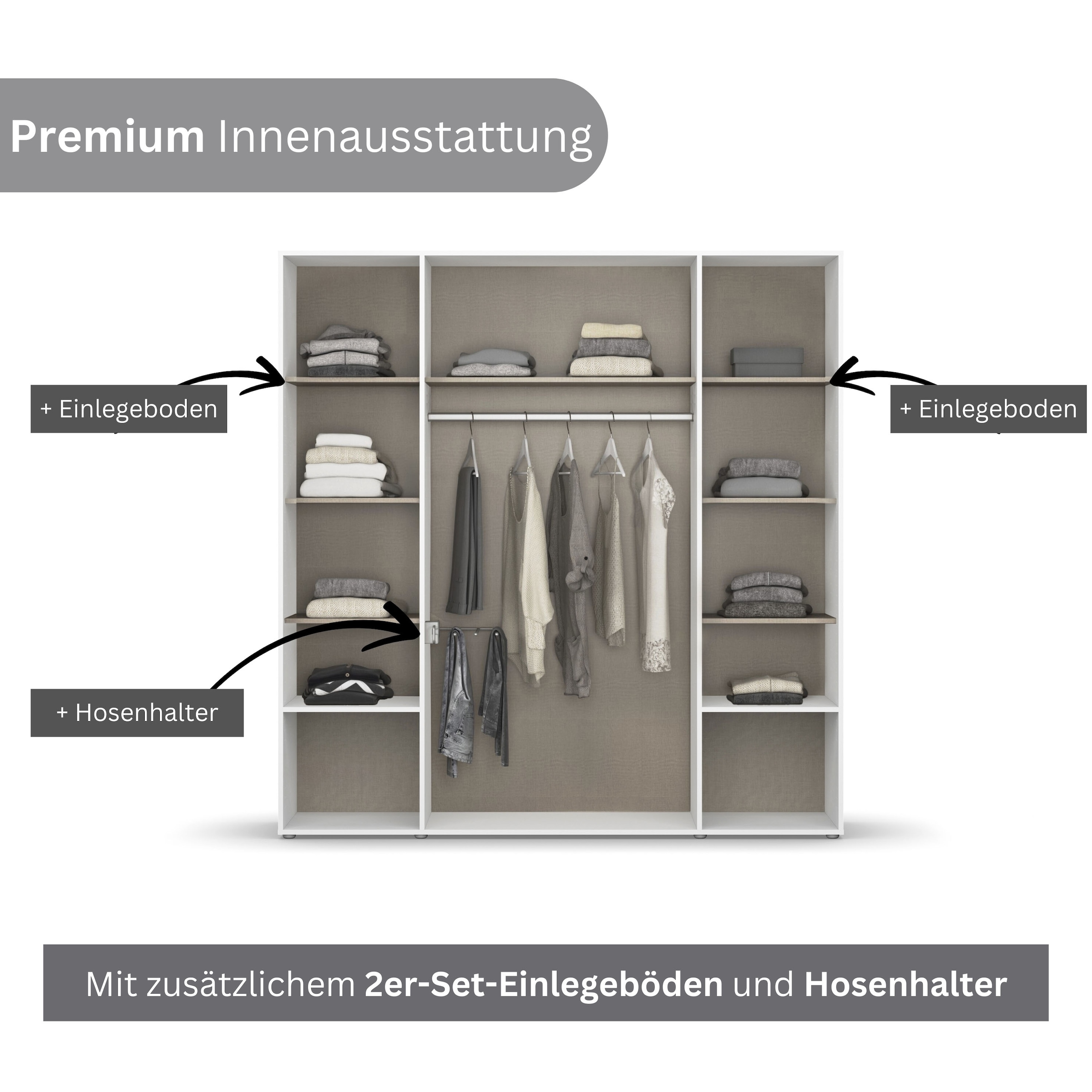 rauch Drehtürenschrank »Kleiderschrank Schrank Garderobe Wäscheschrank VOYAGER«, (in 3 verschiedenen Ausstattungen BASIC/CLASSIC/PREMIUM), moderne Griffe in Graumetallic mit Außenschubkästen MADE IN GERMANY