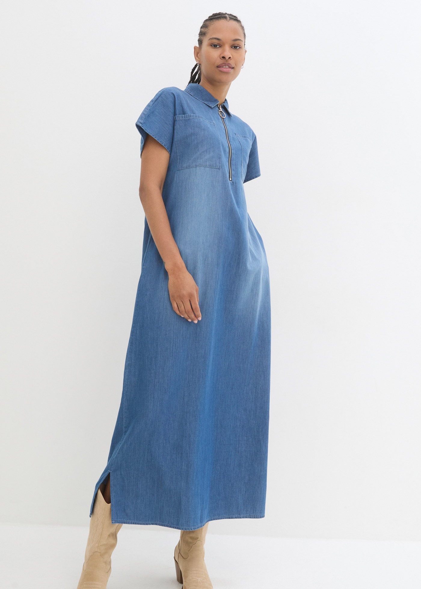 bonprix Jeanskleid für warme Tage, mit kurzem Arm, aus Baumwolle, mit Hemdblusenkragen