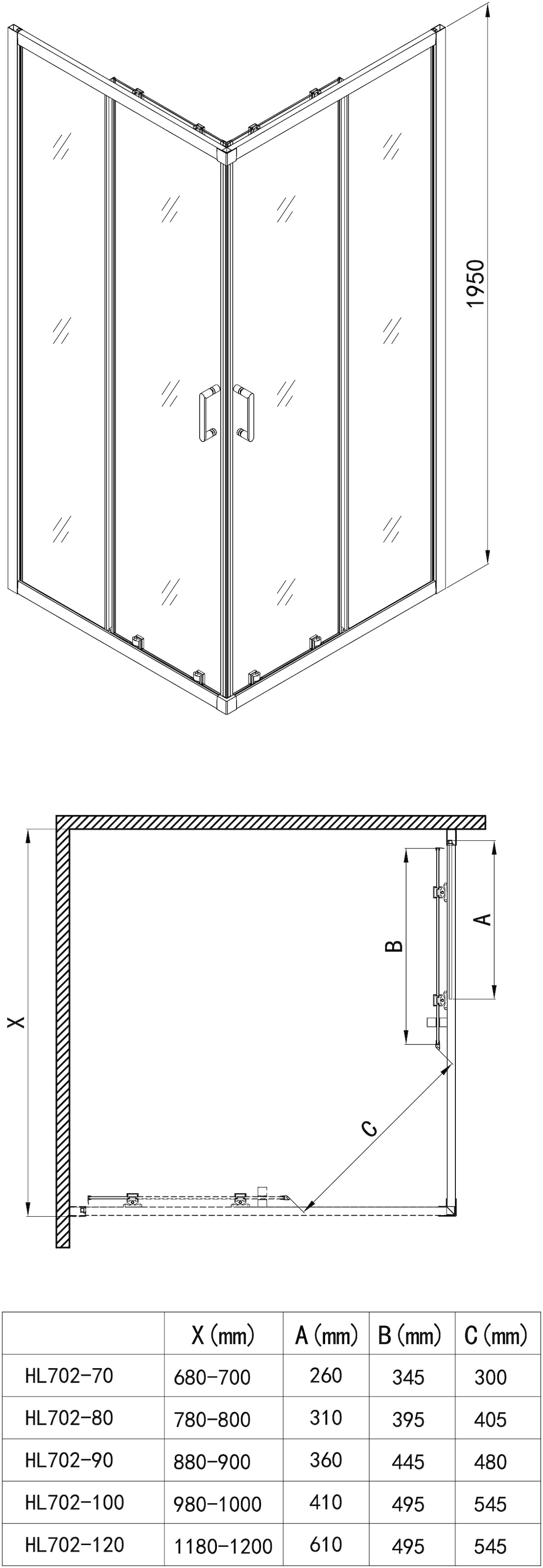 welltime Eckdusche »New Trento«, Extrahohe 195cm, verbessertes Rollensystem
