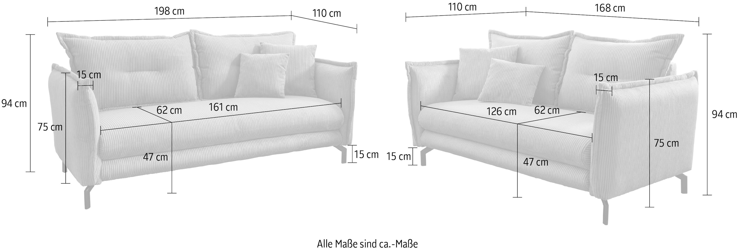 Home affaire Sitzgruppe »LAVA modern und elegant, aktuelle Kissenoptik« 3-Sitzer und 2-Sitzer, 2 tlg. tlg. Armlehnen verstellbar