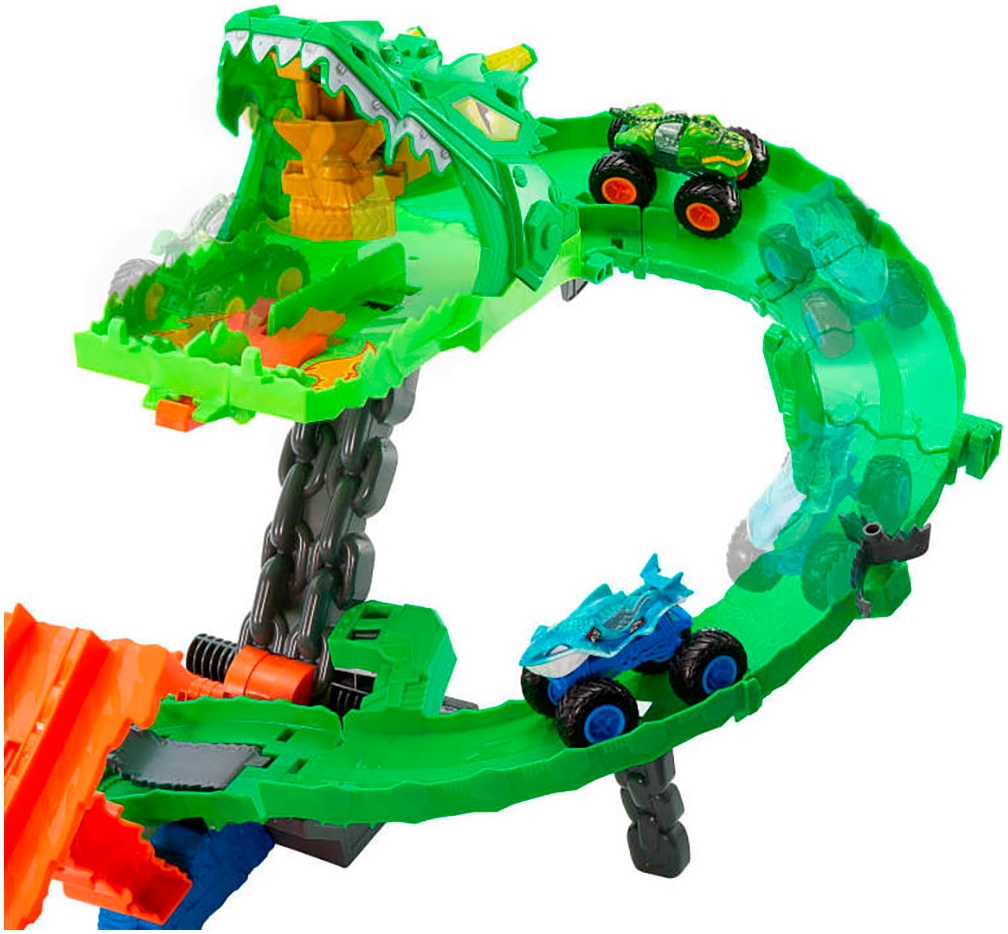 Hot Wheels Autorennbahn »Hot Wheels Monster Trucks Drachenangriff« inklusive 2 Spielzeugtrucks