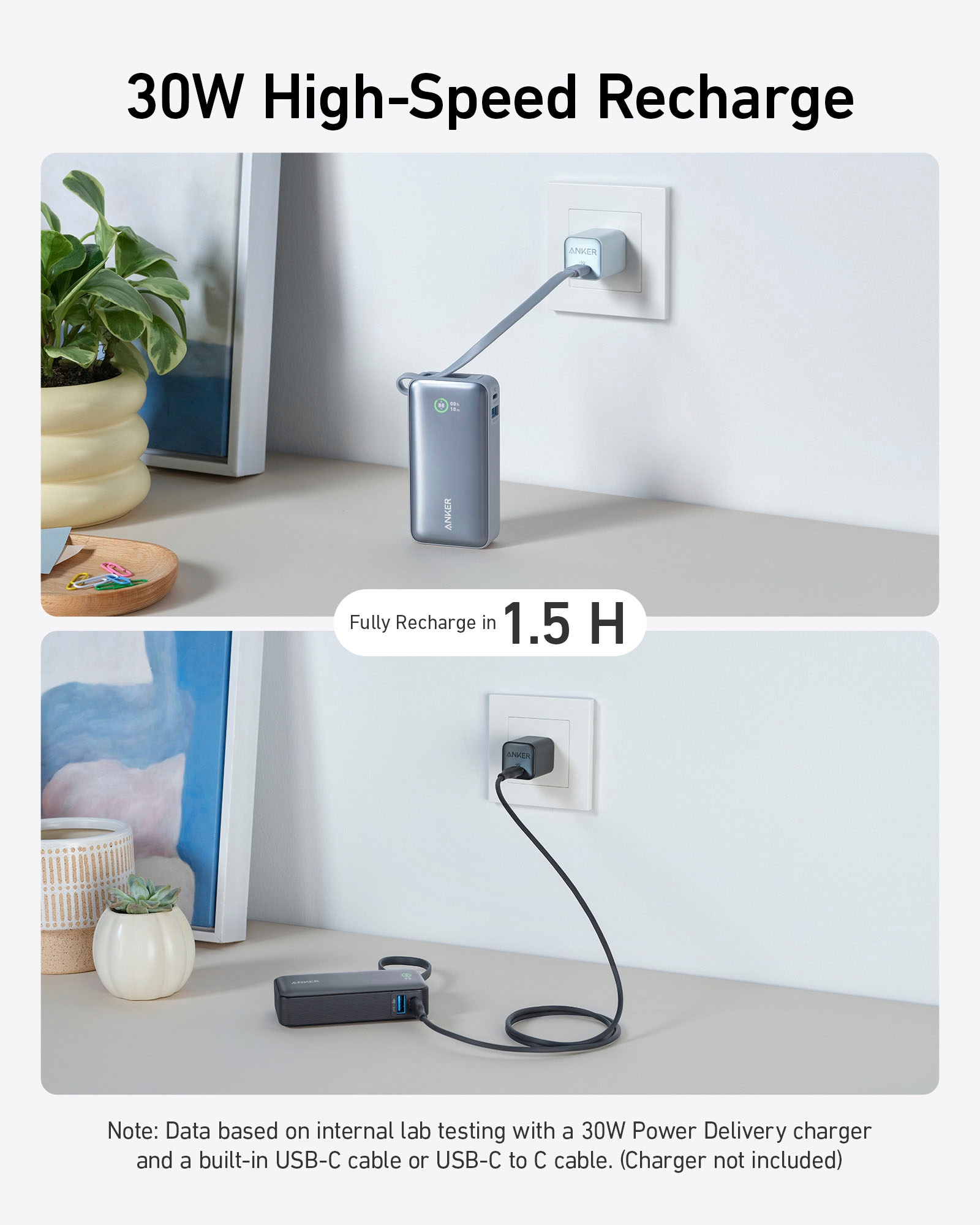 Anker Powerbank »Nano Power Bank (30 W, integriertes USB-C-Kabel)«