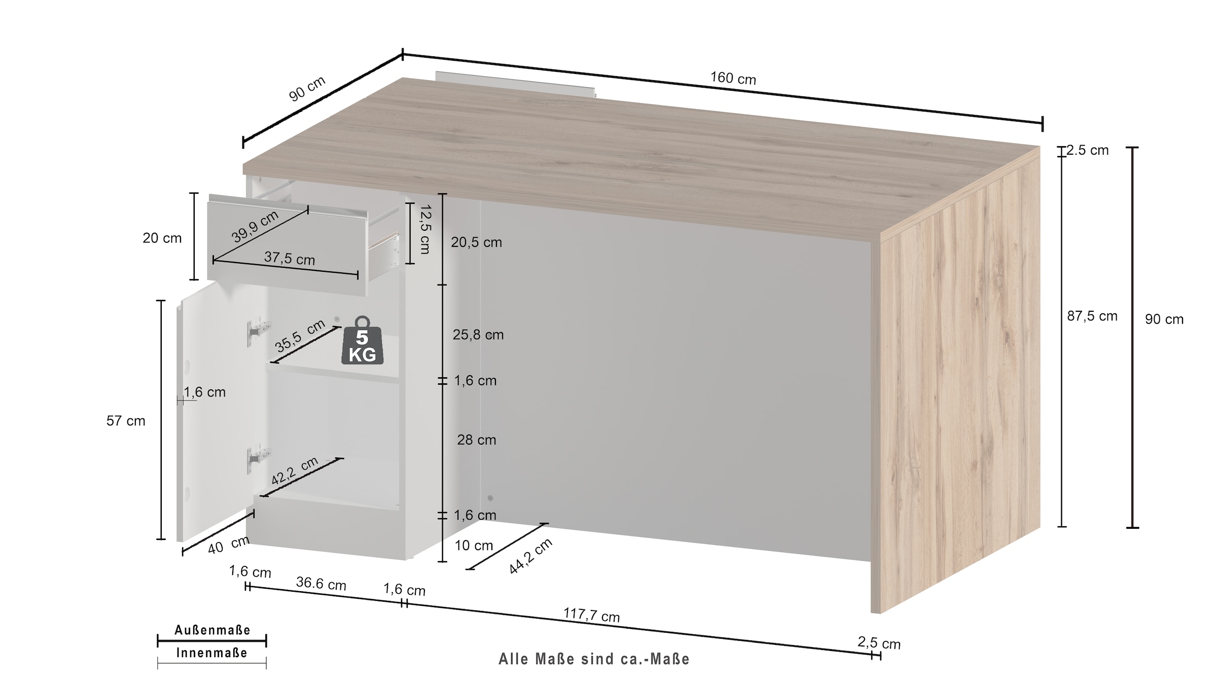 KOCHSTATION Kücheninsel »Sole,Kochinsel,Küchenarbeitsblock,Inselküche,Arbeitsinsel«, Breite 160 cm mit 2 Türen,4 Fächer, Arbeitsplatte, Aluminiumgriff