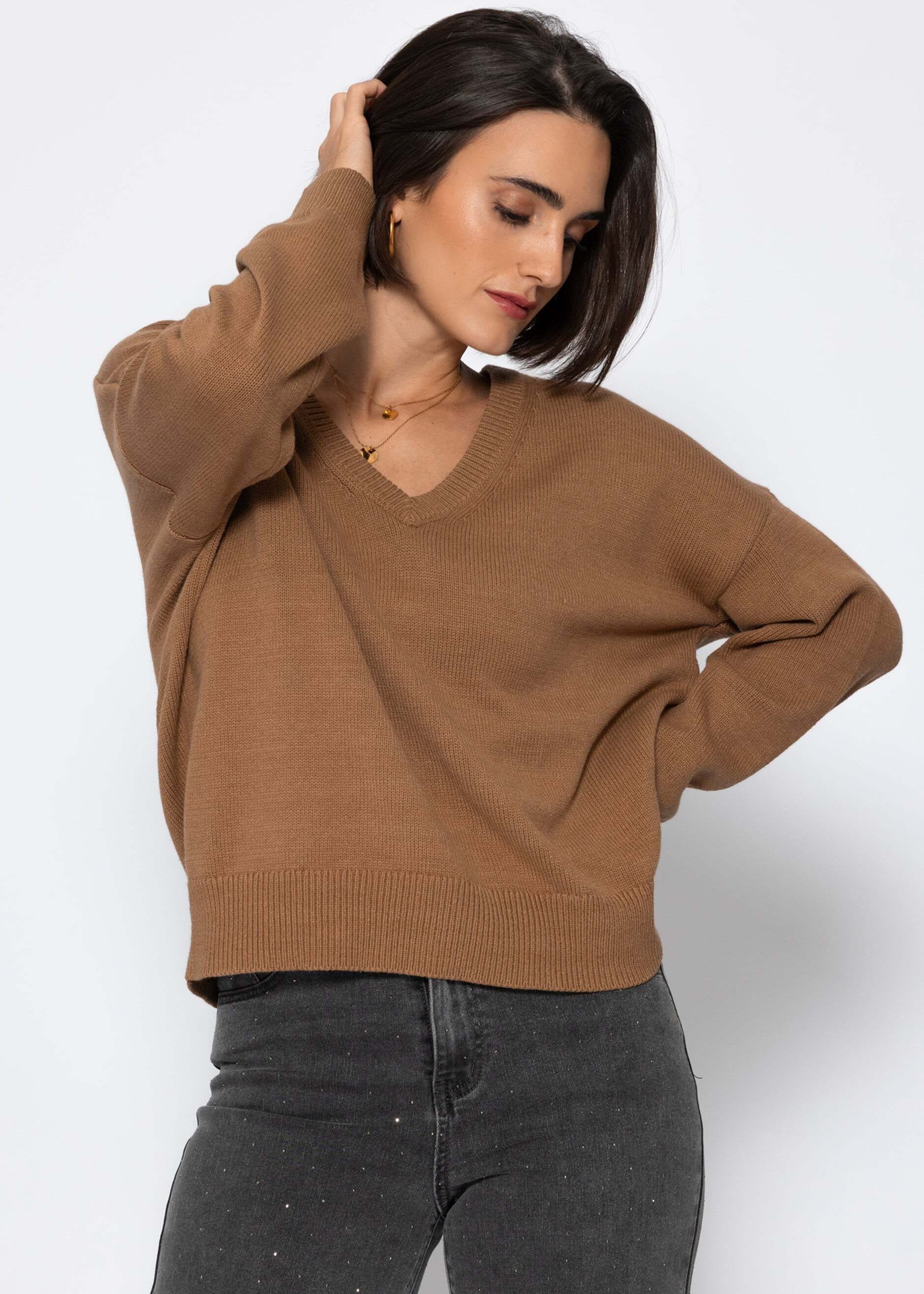 SASSYCLASSY Longpullover »Oversize Baumwoll-Pullover mit tiefem V-Ausschnitt« Lässiger Pullover mit V-Ausschnitt und gerippten Abschlüssen