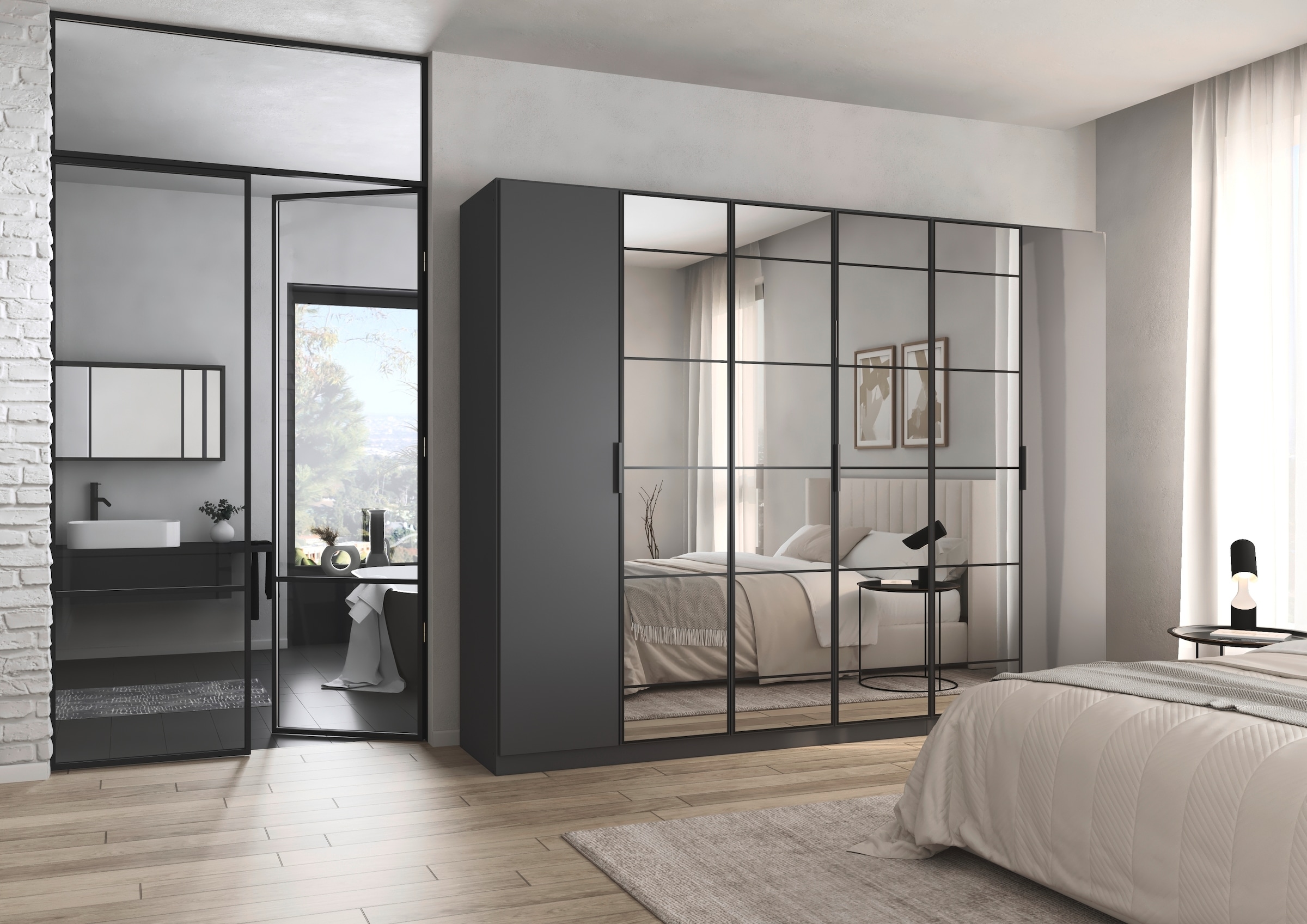 rauch Drehtürenschrank »Kleiderschrank Schrank Garderobe Schlafzimmerschrank ACERO«, Mitteltüren mit Spiegel in moderner Loft-Optik MADE IN GERMANY