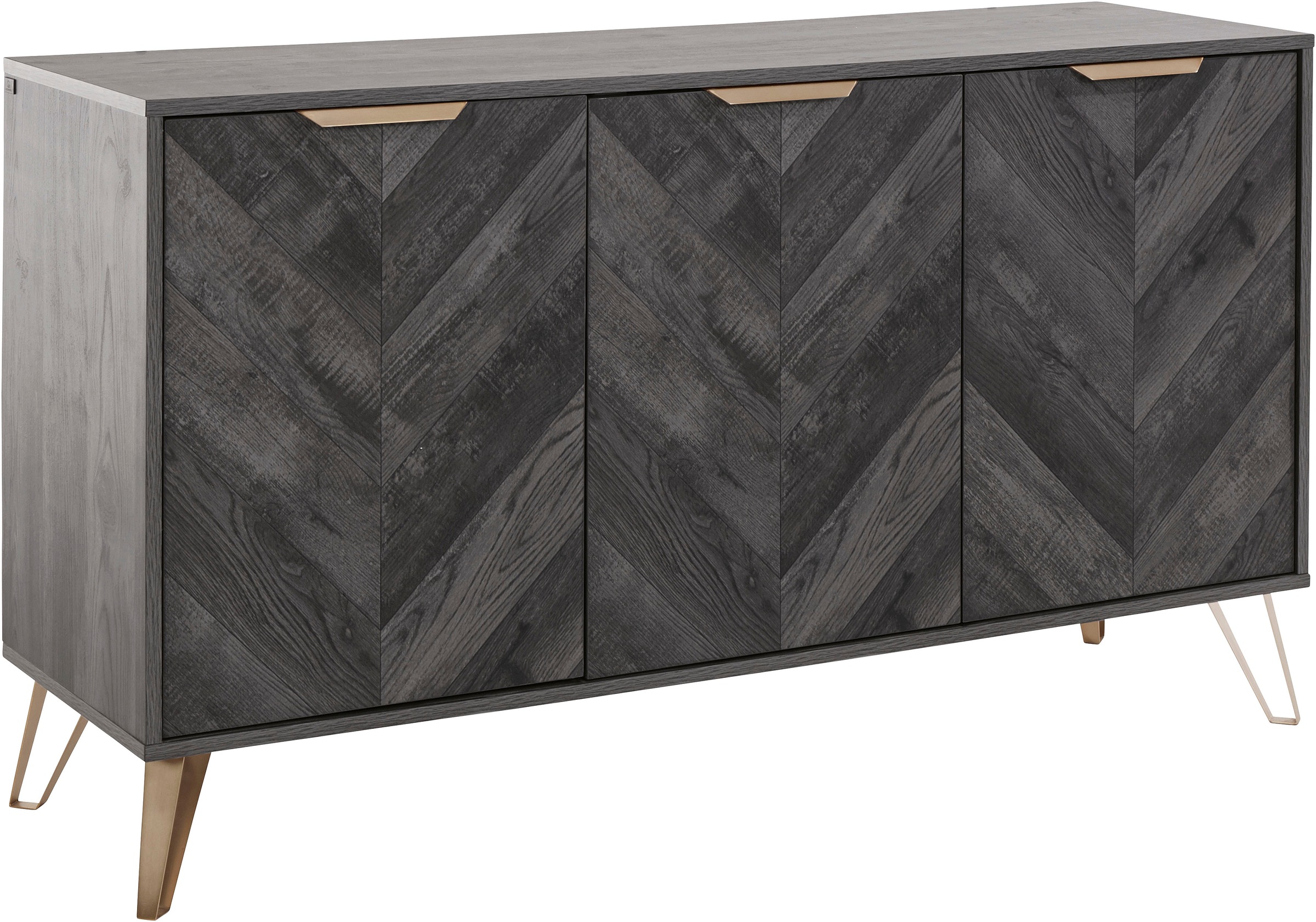 Leonique Sideboard »Nanterie«, aus einer edlen Holzoptik, mit exklusivem Fischgrätenmuster, mit 2 verstellbare Einlegeböden, Gestell aus goldfarbenem Metall, Breite 133 cm