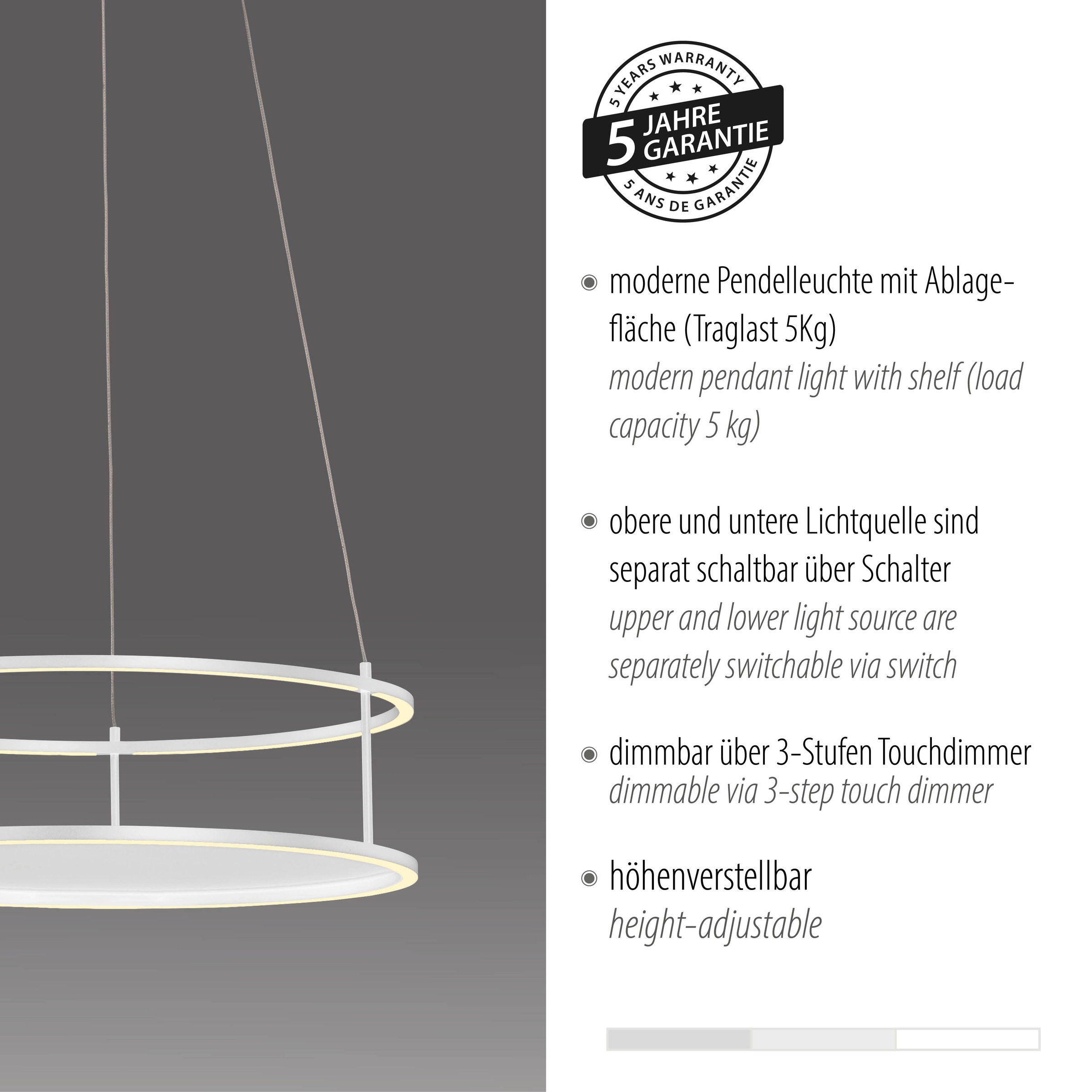 Paul Neuhaus LED Pendelleuchte »CONTURA« LED-Board 1 Stk. Warmweiß Touchdimmer, separat schaltbar, Memoryfunktion, Deko-Ablagefläche