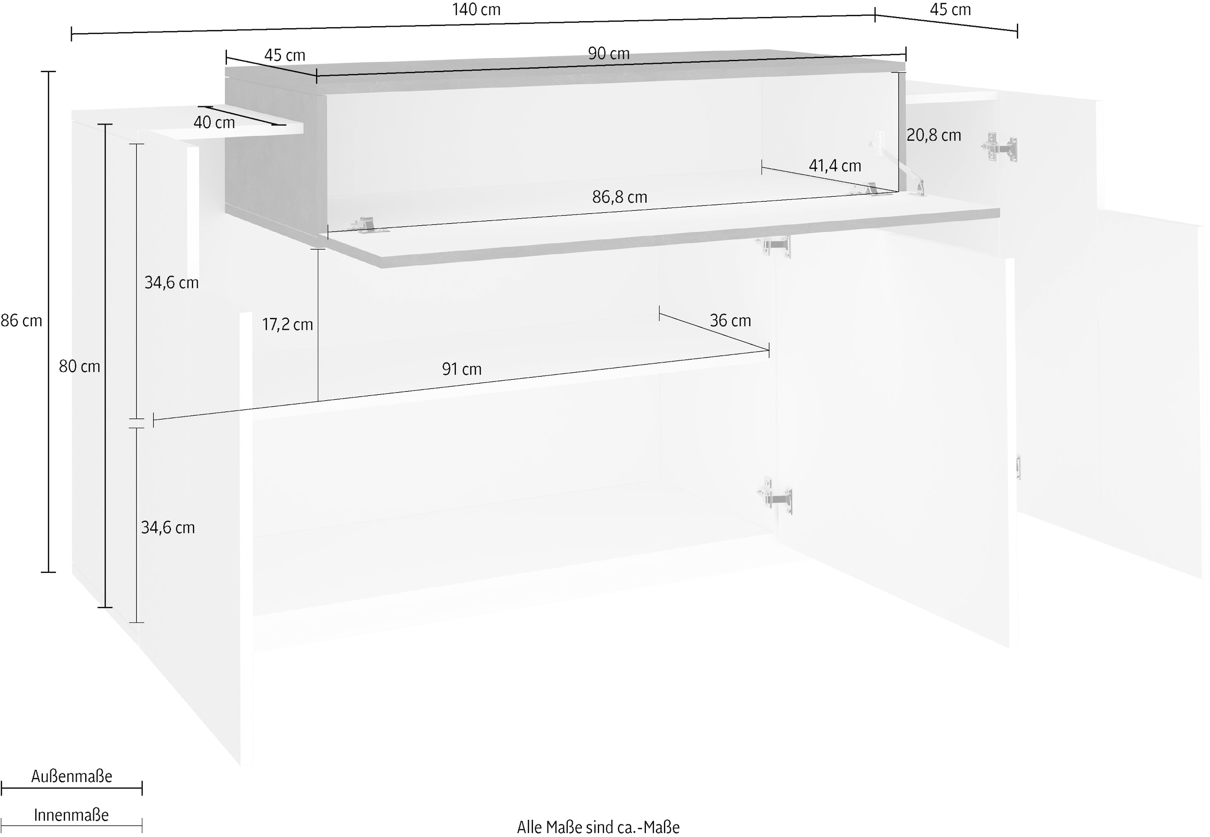 INOSIGN Kommode »Coro, Kommode, Schrank, Kredenz, grifflos«, 1 Klappe,3 Türen, Doppeltiefe Hochglanz Fronten, Breite 140