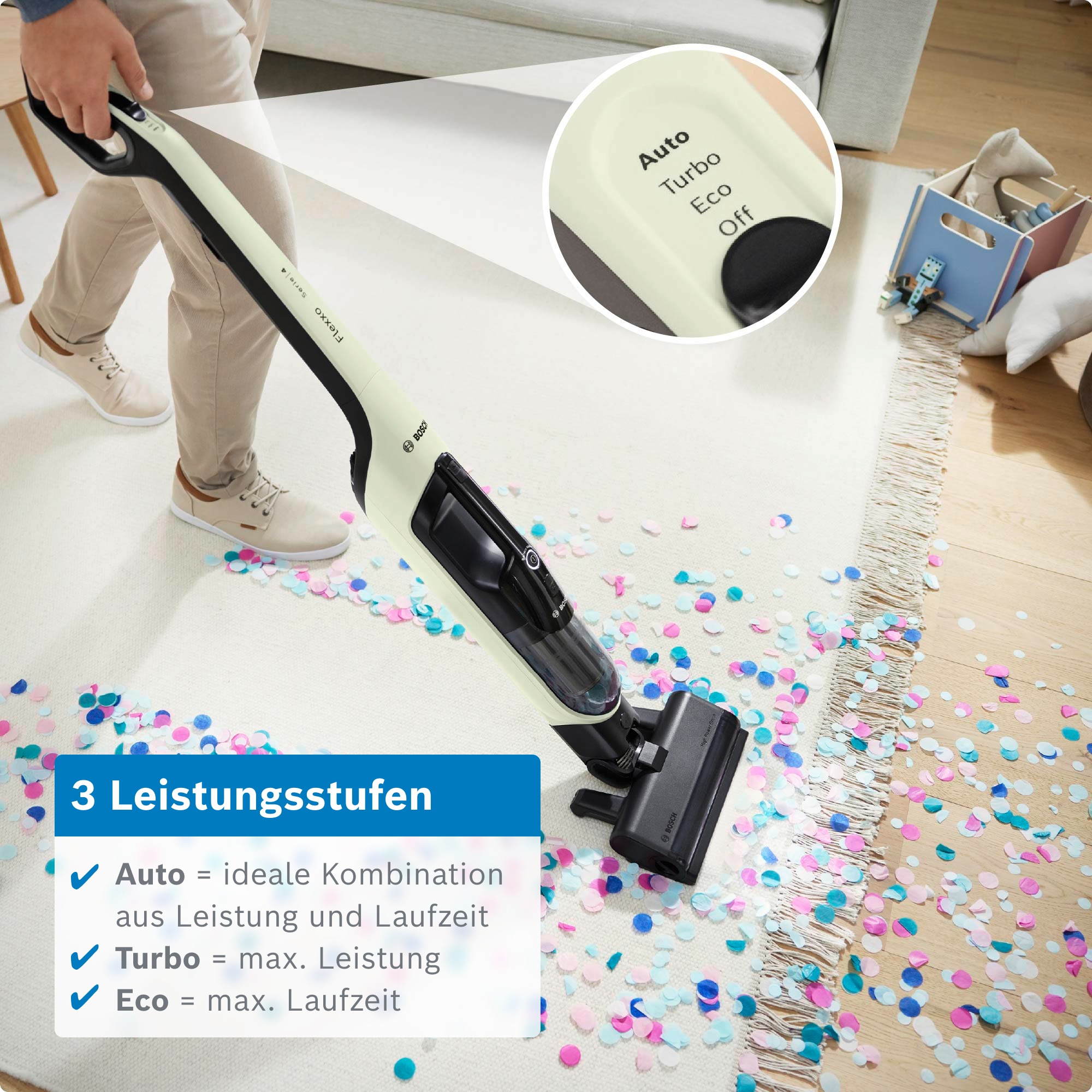 BOSCH Akku-Stielstaubsauger »Flexxo Serie 4 BCH4FM28/BCH4SM28, 2in1 Akku-Staubsauger, freistehend« kabellos, integriertes Zubehör, beutellos, 60 Min. Laufzeit