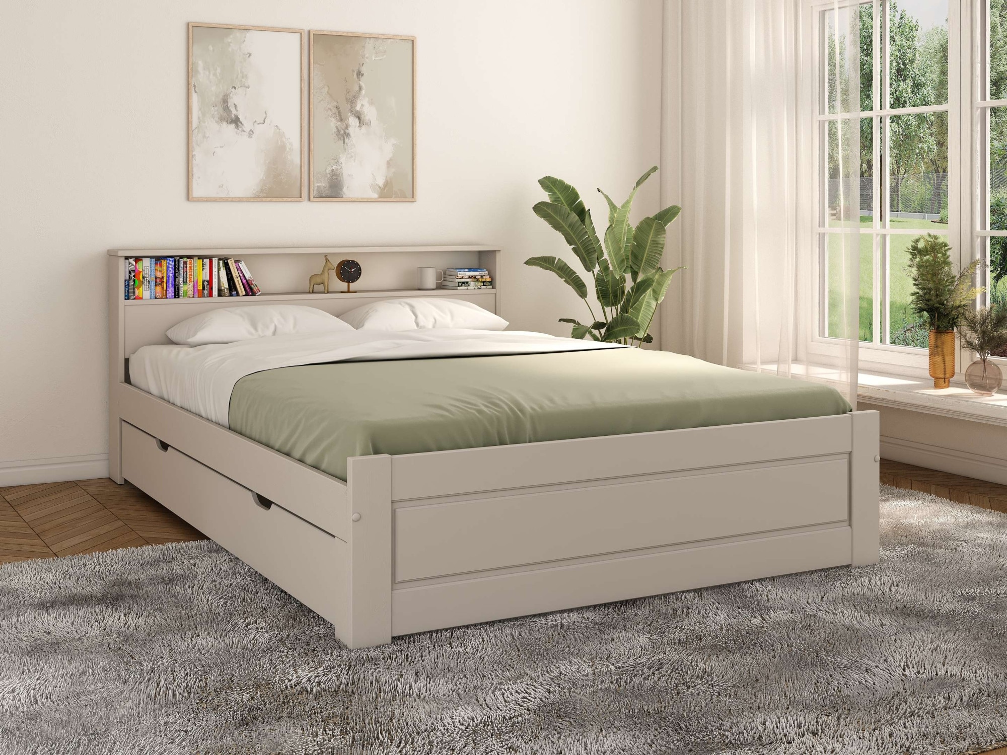 OTTO home Massivholzbett »FLAVION, TOPSELLER! Jugendbett, FSC® zertifizierte massive Kiefer« Breite: 90, 140, 180,  Qualitätsprodukt, Regal, Kassettenoptik, Schublade optional