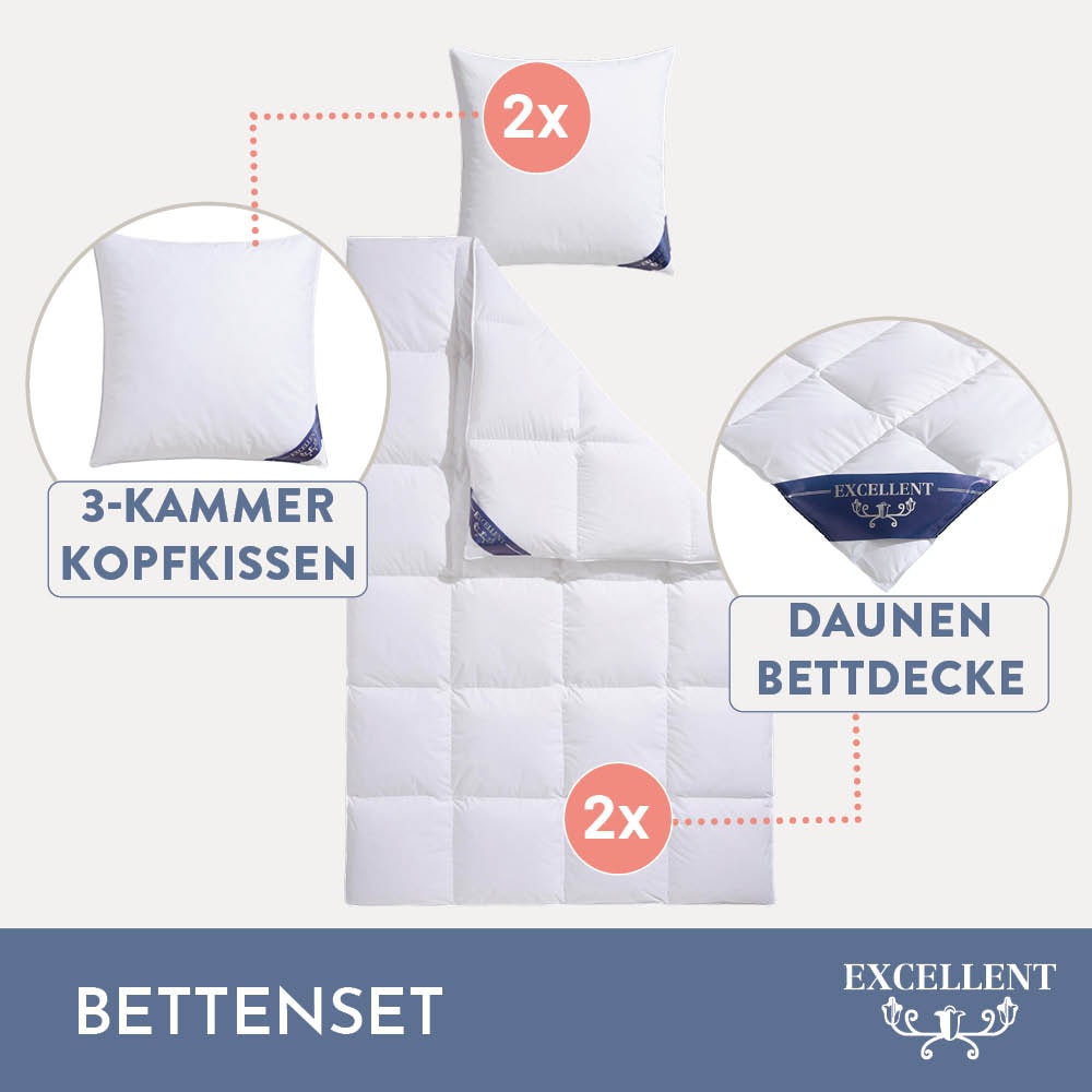 Excellent Daunenbettdecke + 3-Kammer-Kopfkissen »Venedig, 2-tlg, hergestellt in Deutschland, verschiedene Größen«, (Spar-Set, 2-Tlg.), Decke mit Kissen,Set, Sommer, Winter, Bettdecke 135x200 cm, 155x220 cm
