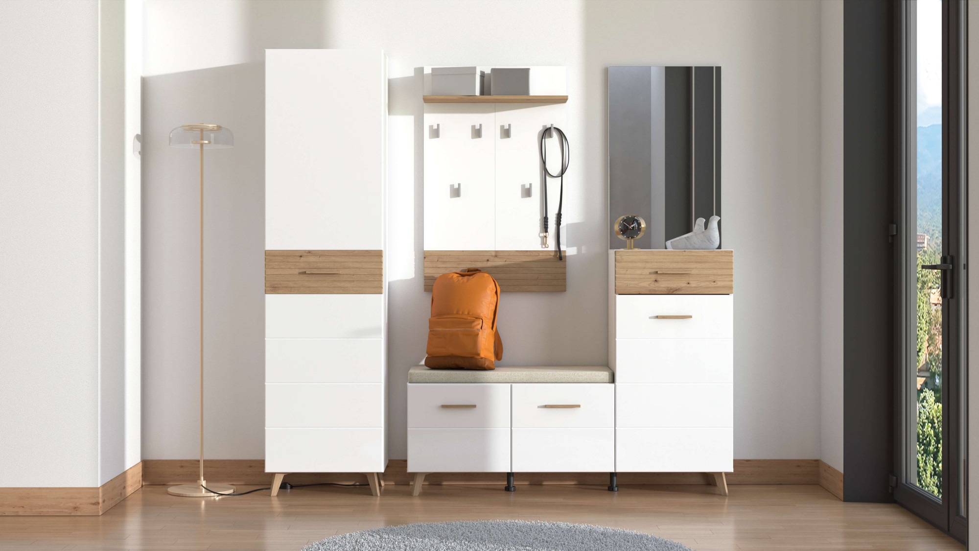 Home affaire Garderoben-Set »Sein Kompaktgarderobe, Flurgarderobe, Dielenschrank, Hochglanzfronten«, (Komplett-Set, 5 St.), Gardreobenschrank, Schuhschrank, Sitzbank, Garderobenpaneel & Spiegel