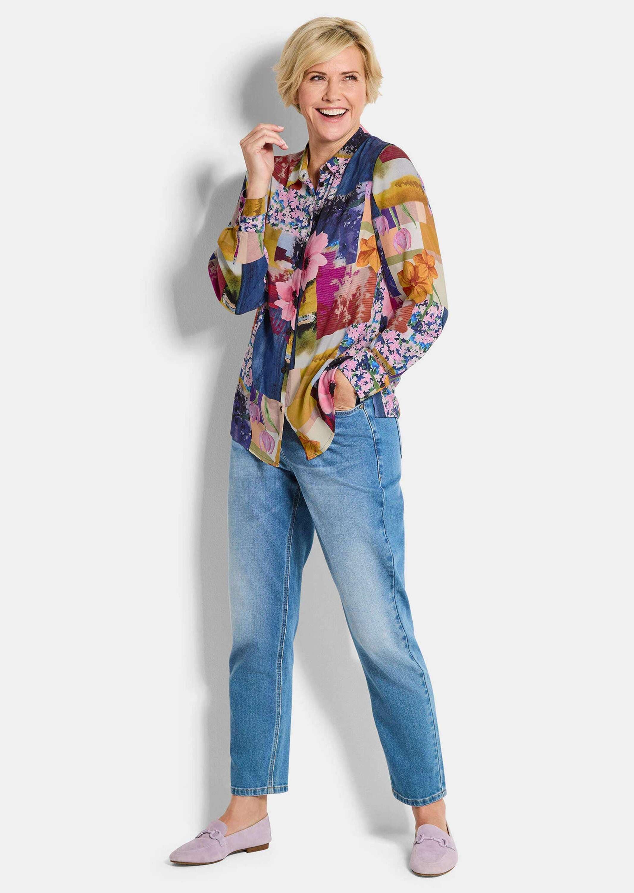 GOLDNER Hemdbluse »Kurzgröße Viskosebluse mit Patchwork-Print« figurschmeichelder Schnitt