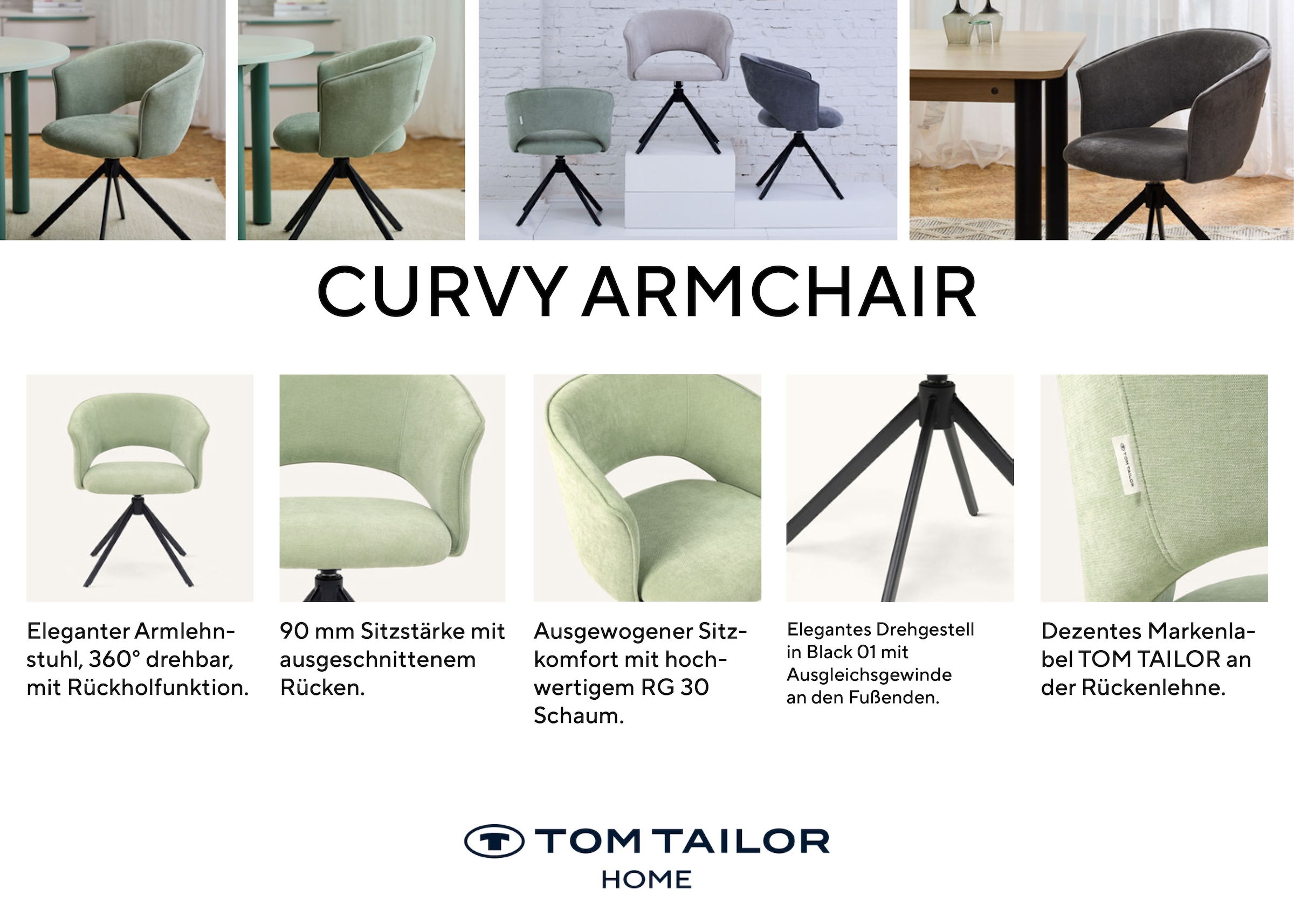TOM TAILOR HOME Armlehnstuhl »CURVY ARMCHAIR« (Set) 2 Stk.mit Armlehnen, drehbar, Rückholfunktion, Rückenausschnitt
