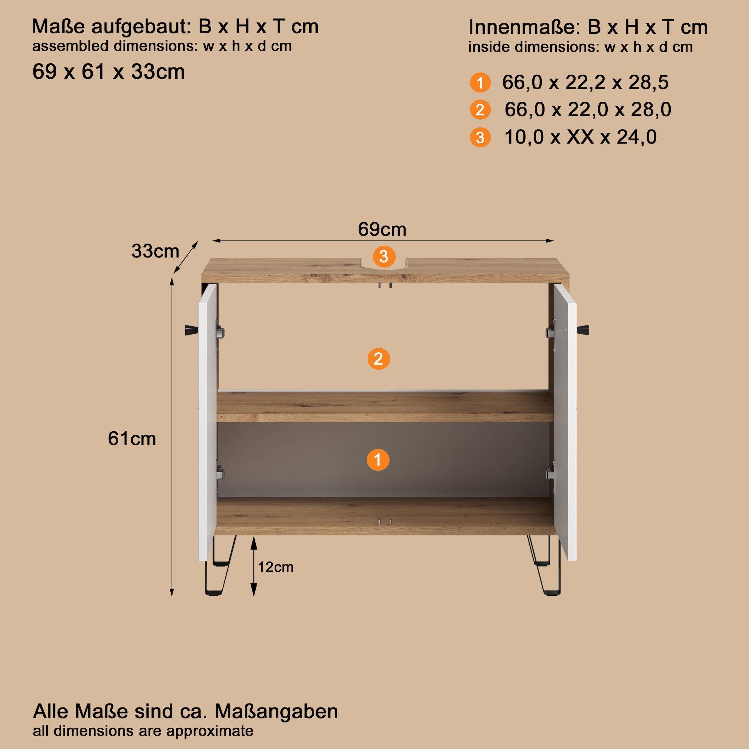 Places of Style Waschbeckenunterschrank »Tarragona«, (1 St.), Waschbeckenunterschrank mit 2 Türen - (B/T/H) 69/32/61 cm