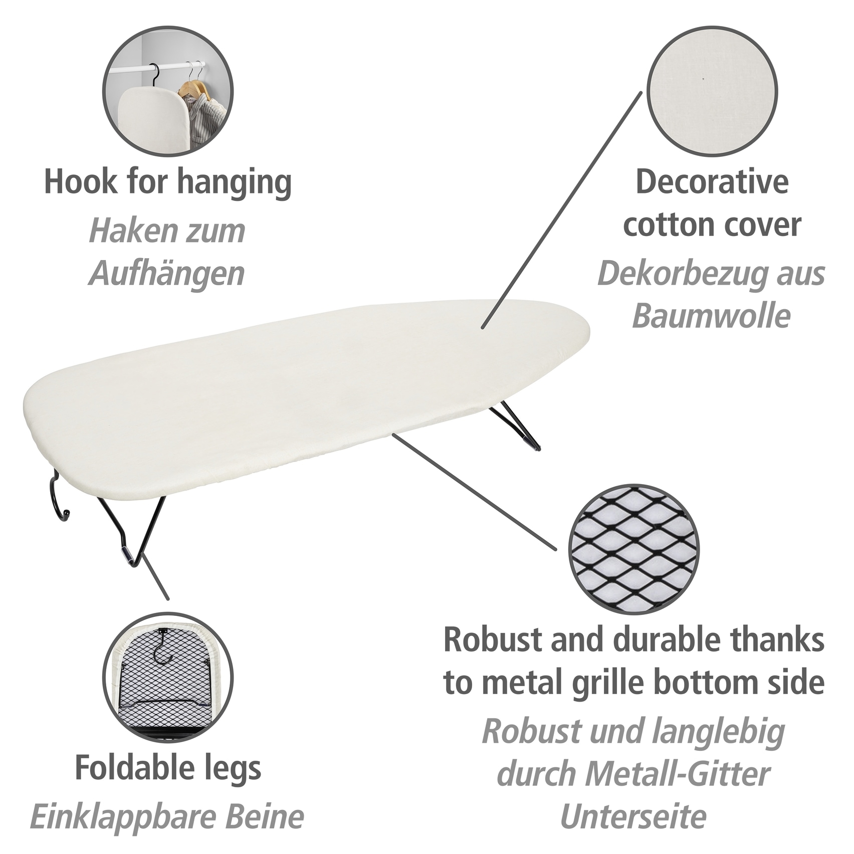 WENKO Tischbügelbrett »Modell Leona« Bügelfläche 77 cmx31 cm platzsparend verstaubar, inkl. Aufhängung