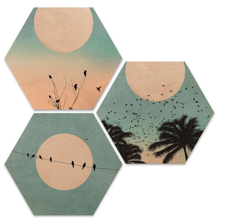 Holzbild »Hexagon Holzbild Sonnenaufgang«, (Set, 3 St., Dekorativer Kunstdruck),...