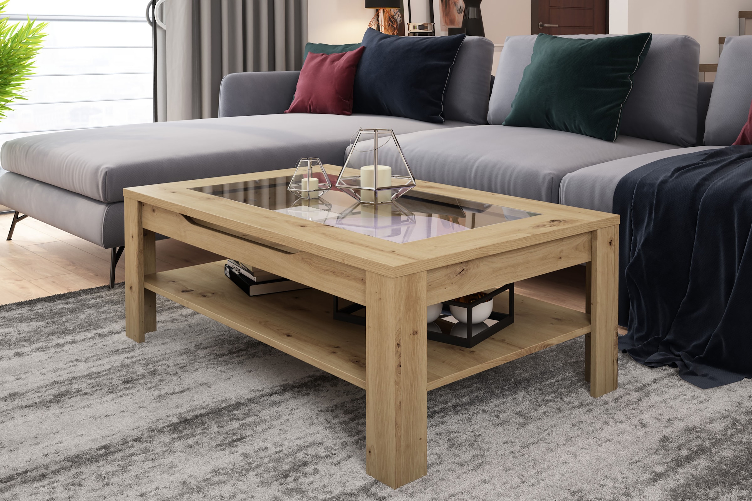 byLIVING Couchtisch »RALPH« Tischplatte mit Glaseinlage, Stauraum, 1 Schubkasten, Rollschubführung