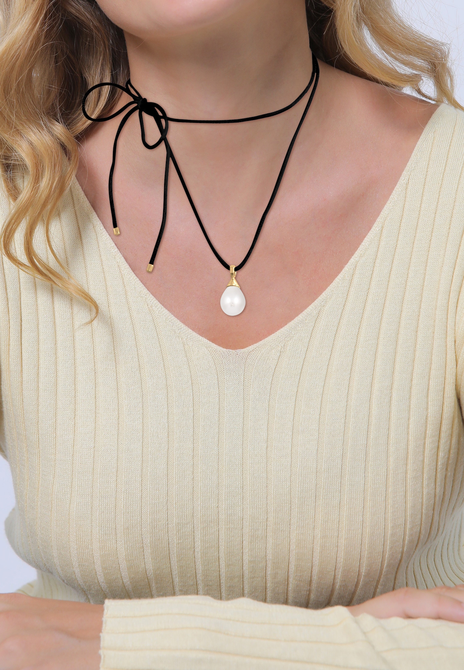 Elli Silberkette »Halskette Muschelkernperle Tropfen Satinband 925 Silber«