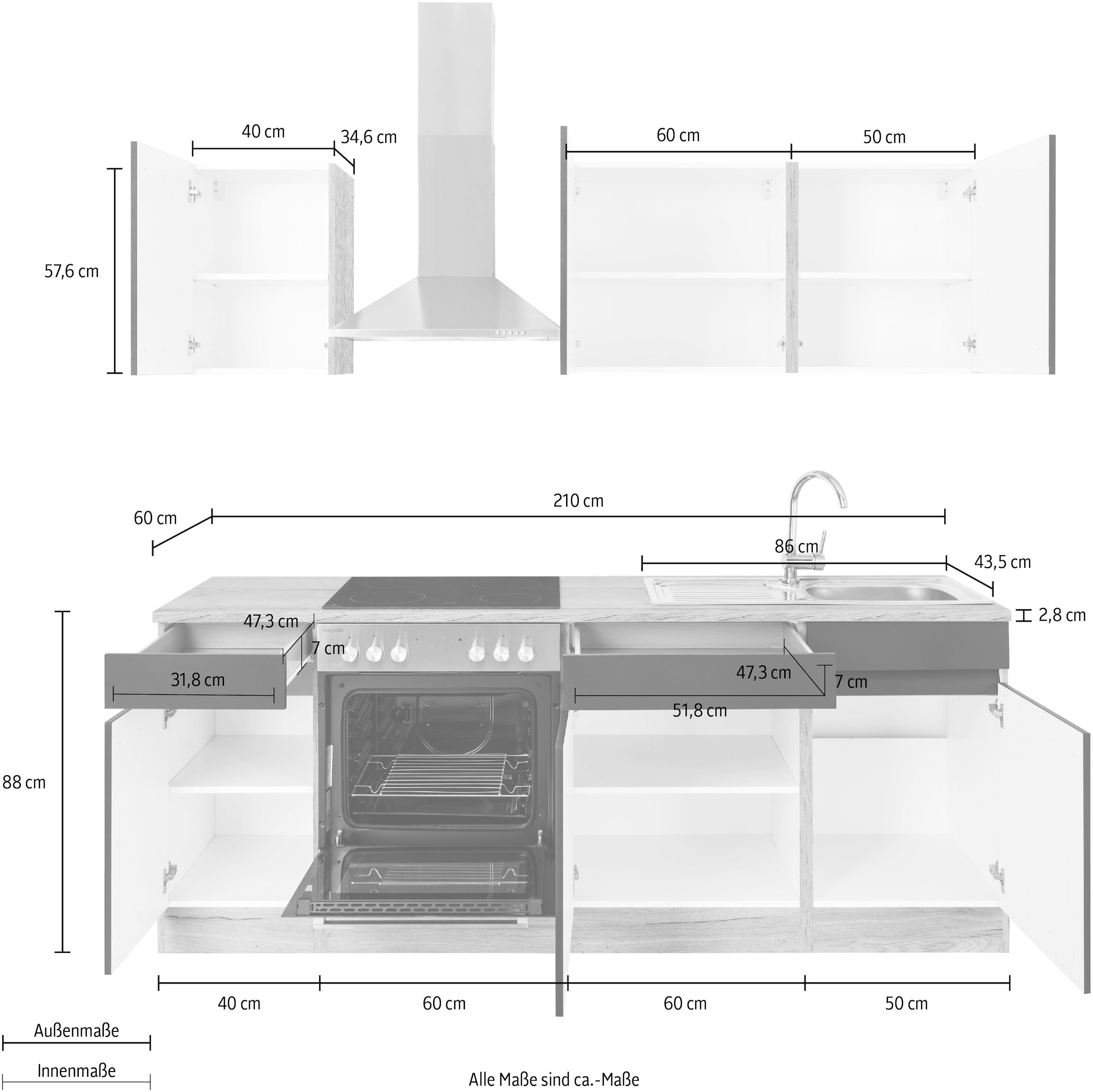 OPTIFIT Küchenzeile »Roth« Breite 210 cm, wahlweise mit E-Geräten, Push-to-Open-Funktion