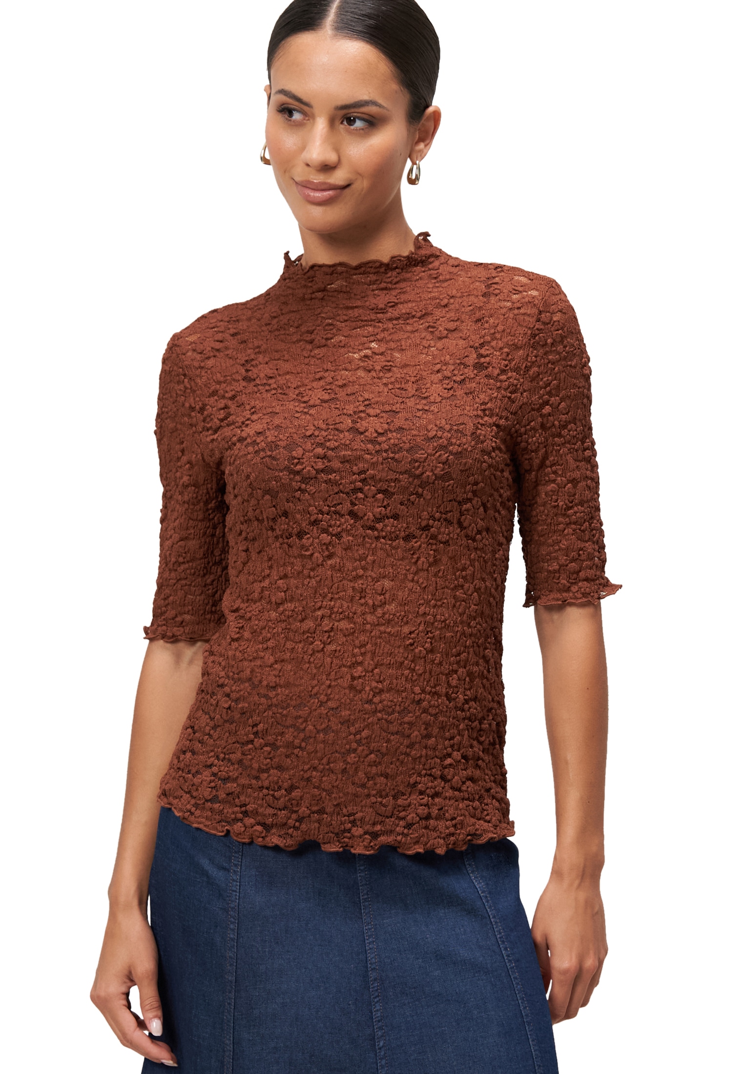 Zero Kurzarmshirt »Spitzenshirt mit Stehkragen«