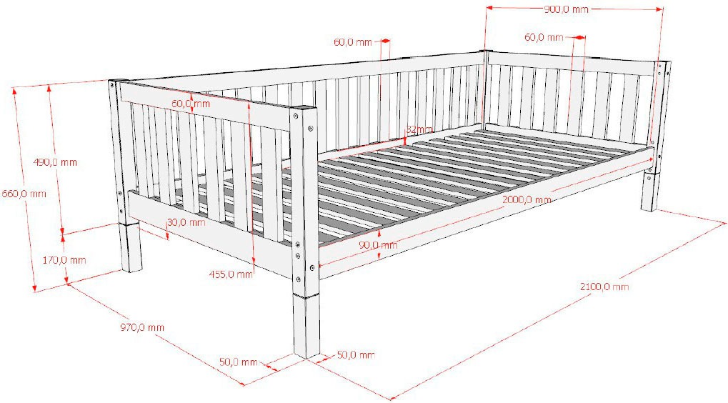 Vipack Kinderbett »Dallas, massiv Bett, Rausfallschutz, umbaubar vom Boden- zum Daybett« inkl. Rolllattenrost und Sprossenumrandung, 90 oder 140x200 cm breit,  stabil und standfest gebaut, wahlweise Kiefer massiv natur oder weiß