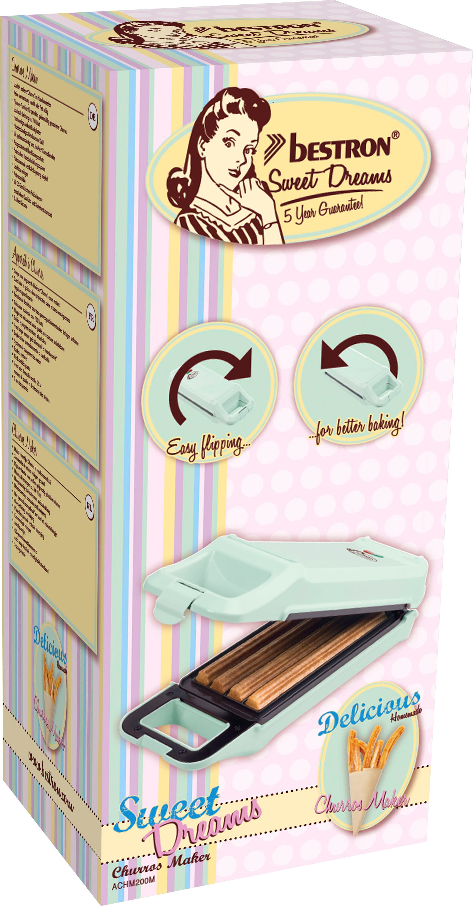 bestron Churro-Maker »ACHM200M Sweet Dreams«, 700 W, Waffeleisen für bis zu 4 Churros, Retro Design, Mint