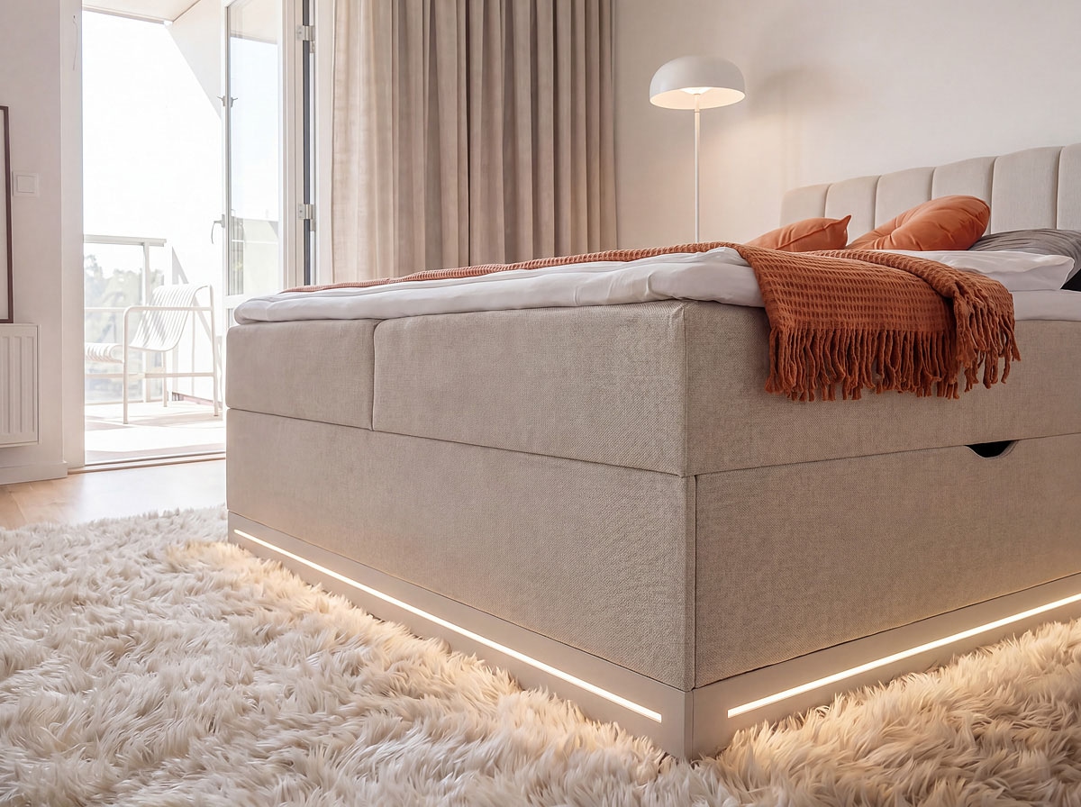 Home affaire Boxbett »WAKKANAI, Polsterbett mit Bettkasten, inkl. Taschfederkernmatratze H3« mit PUR-Schaum-Topper, mit LED-Lichtleiste, LIegefläche 180x200cm