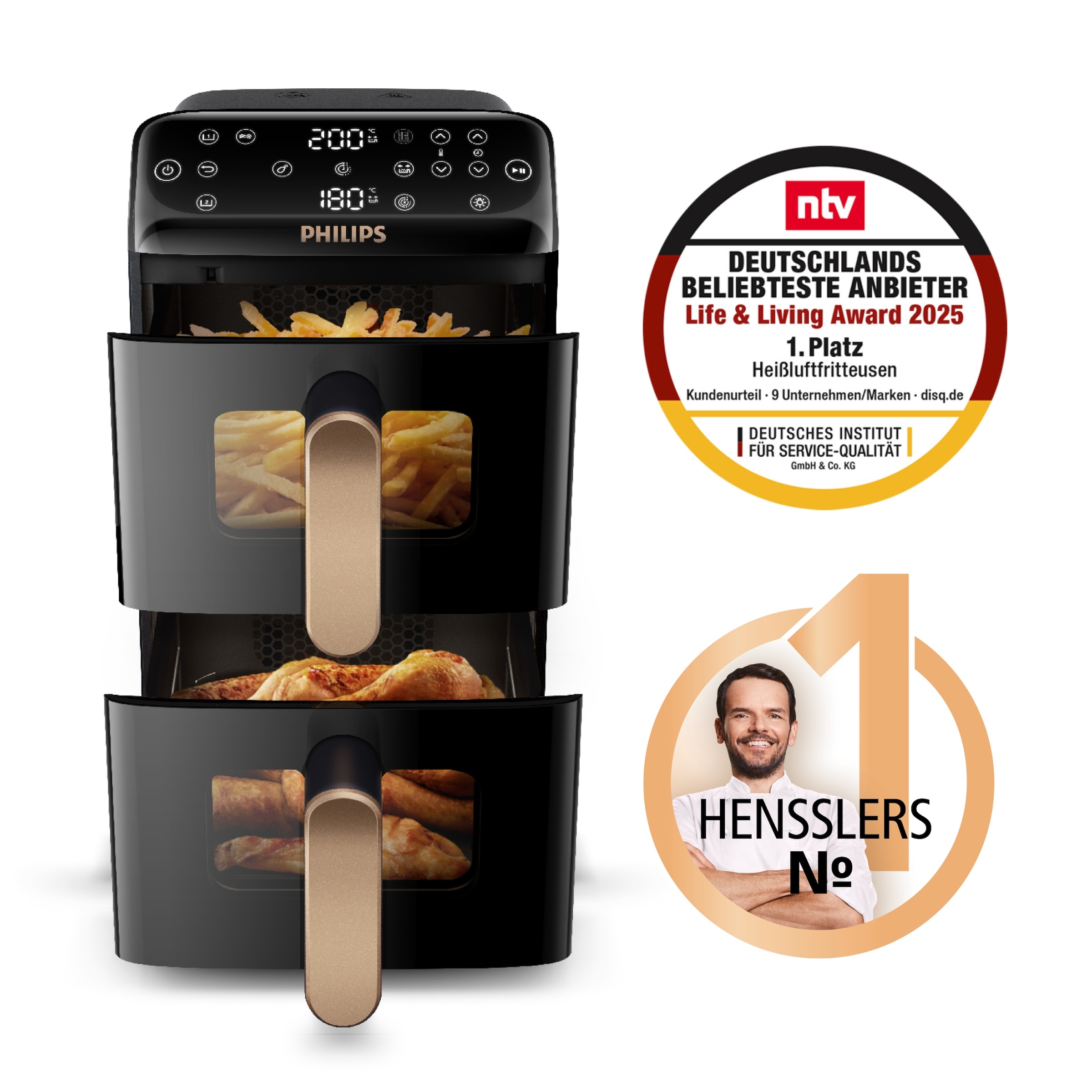 Philips Heißluftfritteuse »NA462/70 4000 Series Stacked Dual Basket und 10L Kapazität (5+5L)« 2750 W Fassungsvermögen 0 l RapidAir Technologie; Schwarz/Dunkelgrau, kupfer Griff