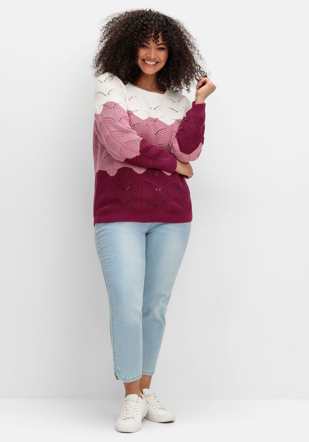 Sheego Rundhalspullover »Pullover im Ajourstrick, mit Colourblocking im Ajourstrick, mit Colourblocking«