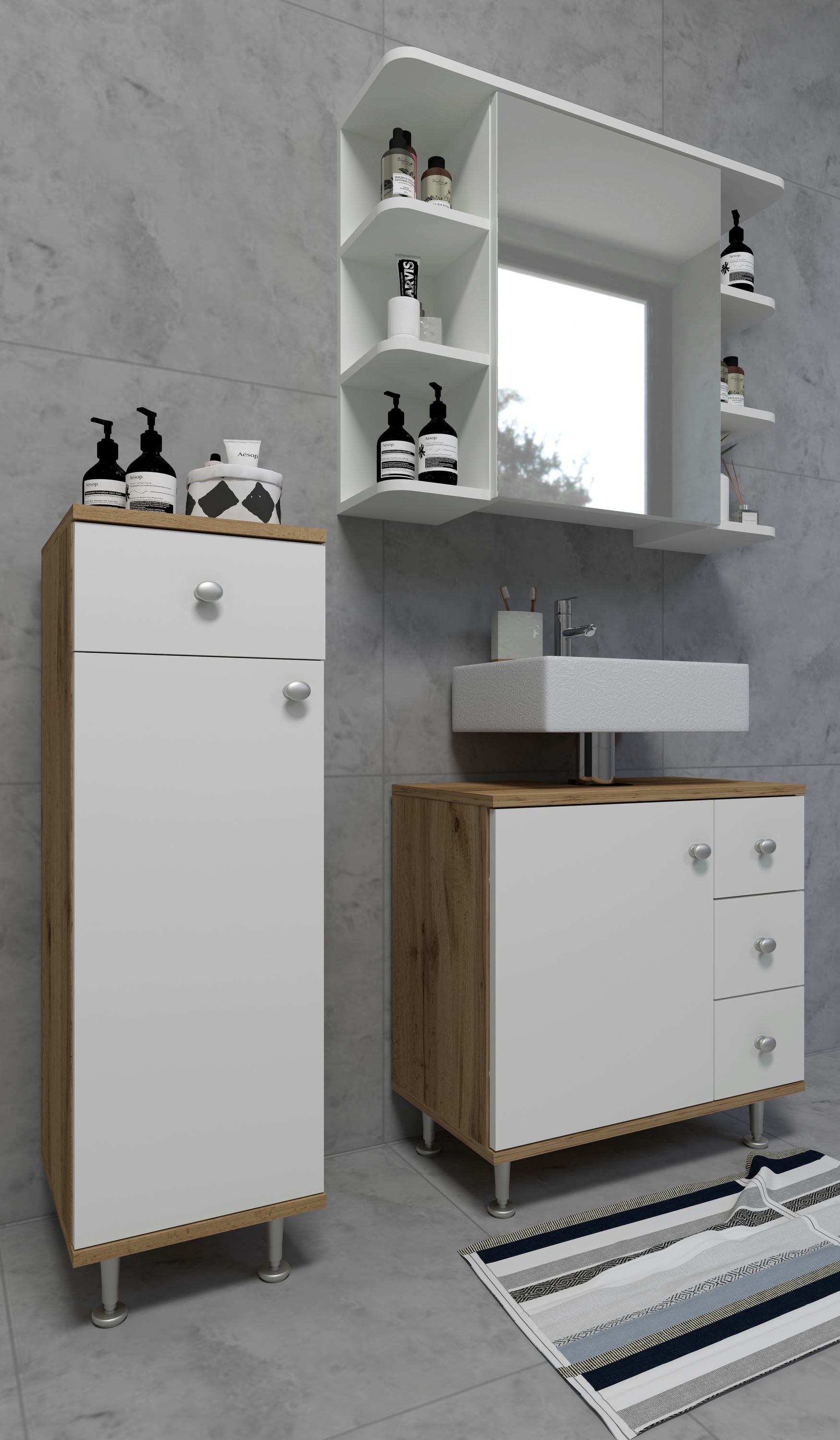 VCM Hochschrank »VCM Holz Midischrank | Badschrank | Maße: H. 95 x B. 30 x T. 30 cm | 1 Schublade | 1 Drehtür | 3 Fächer - Nilosi«, (1 St.)