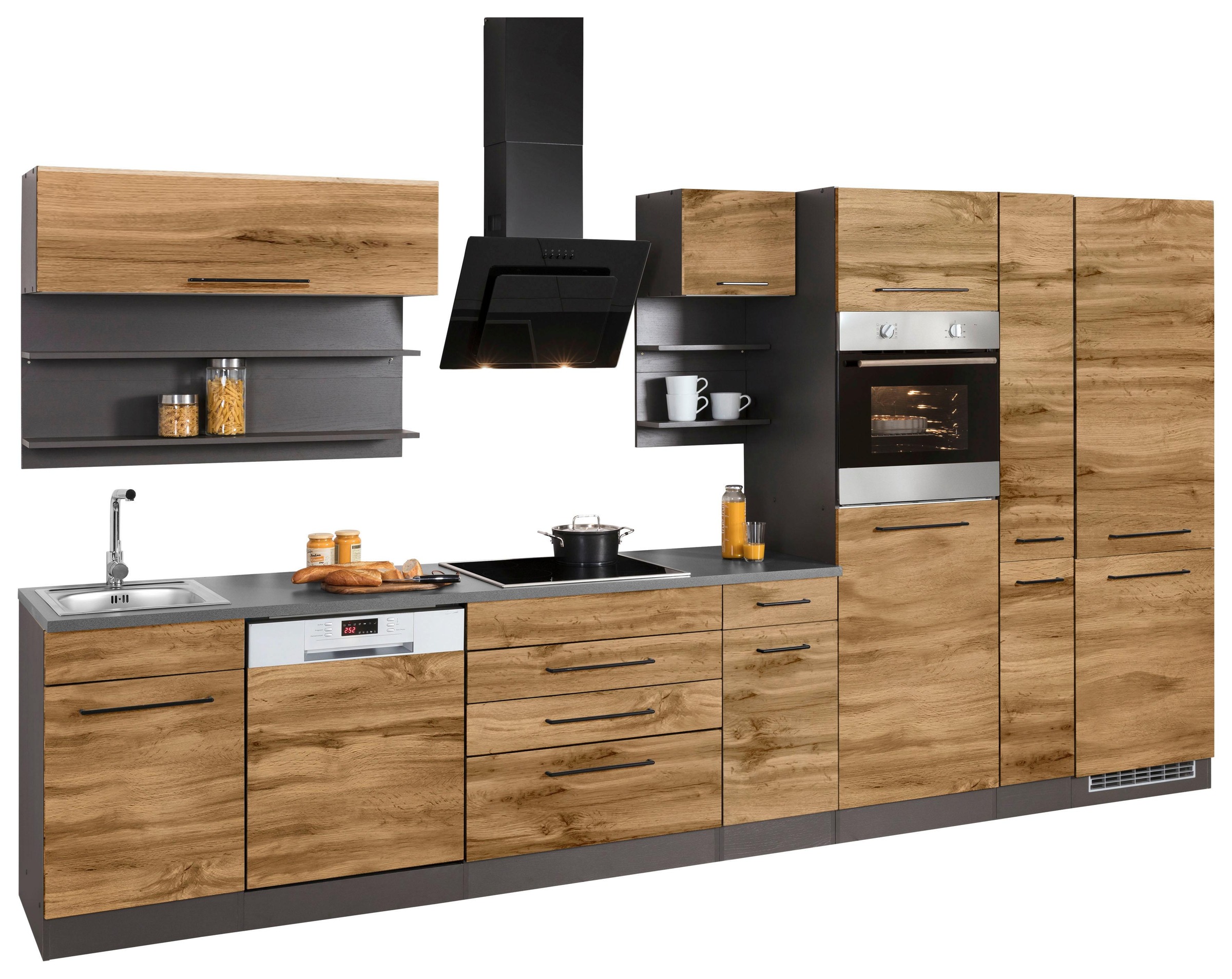 KOCHSTATION Küchenzeile »KS-Tulsa« ohne E-Geräte, Breite 380 cm, schwarze Metallgriffe, MDF Fronten