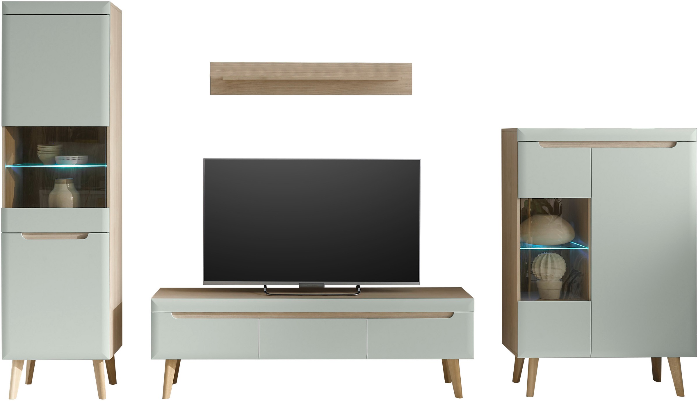 INOSIGN Wohnwand »Torge, Anbauwand, Schrankwand, Mediawand, Wohnzimmer-Set«, (Set, 4 St.), enthält 2 Vitrinen, 1 Lowboard, 1 Wandboard, 343 cm breit
