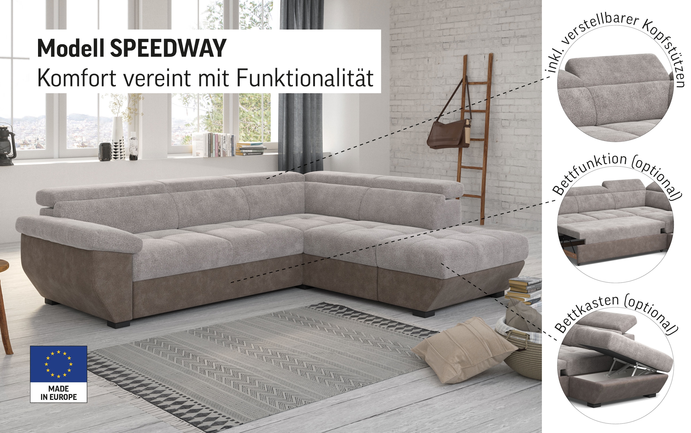 COTTA Ecksofa »Speedway L-Form«, mit Kopfteilverstellung, wahlweise mit Bettfunktion & Bettkasten