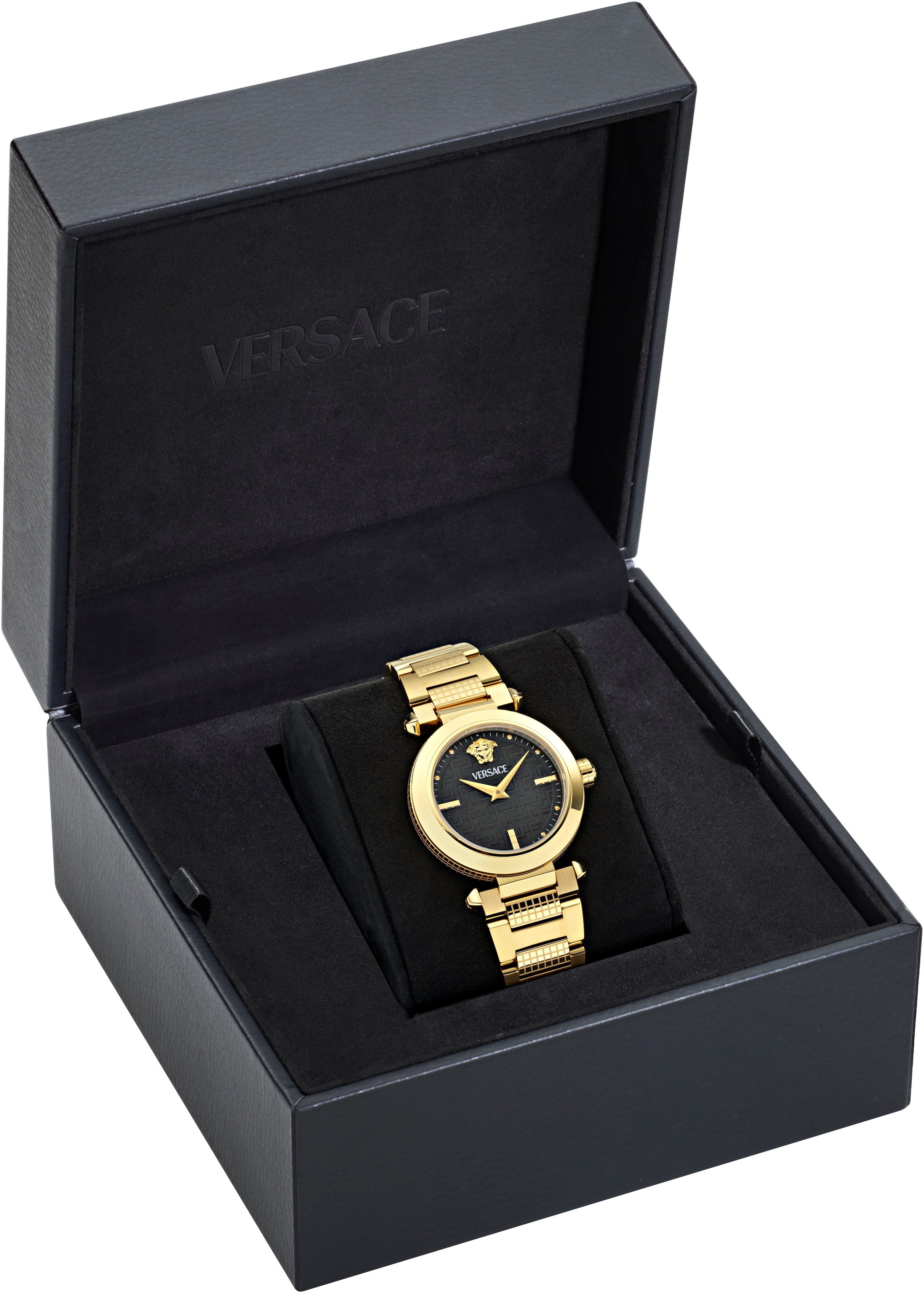 Versace Quarzuhr »VERSACE GREEK« Armbanduhr, Damenuhr, Swiss Made, Edelstahlarmband, analog