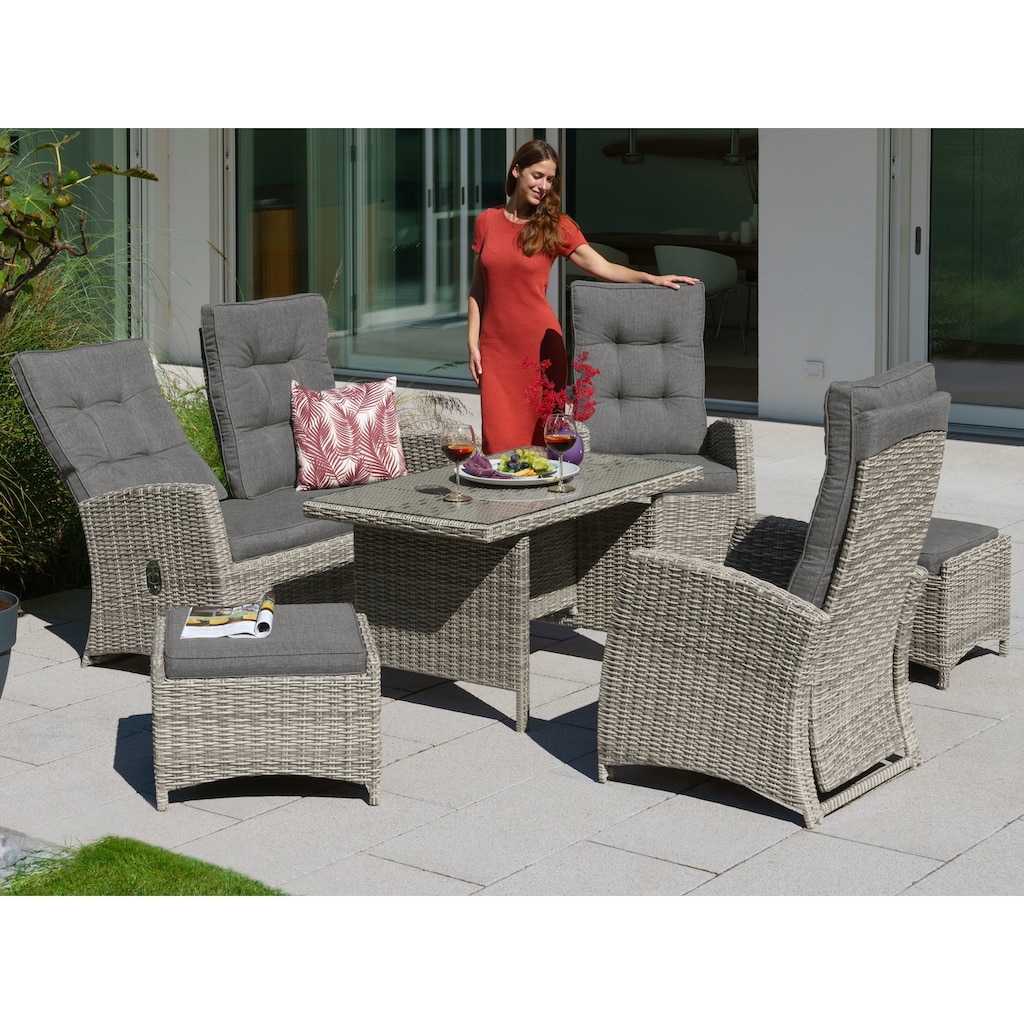 KONIFERA Garten-Essgruppe »Monaco«, (Set, 16 tlg., 1x2er Sofa, 2x Sessel, 2x Hocker, 1x Tisch 120x70x66cm, inkl. Auflagen)