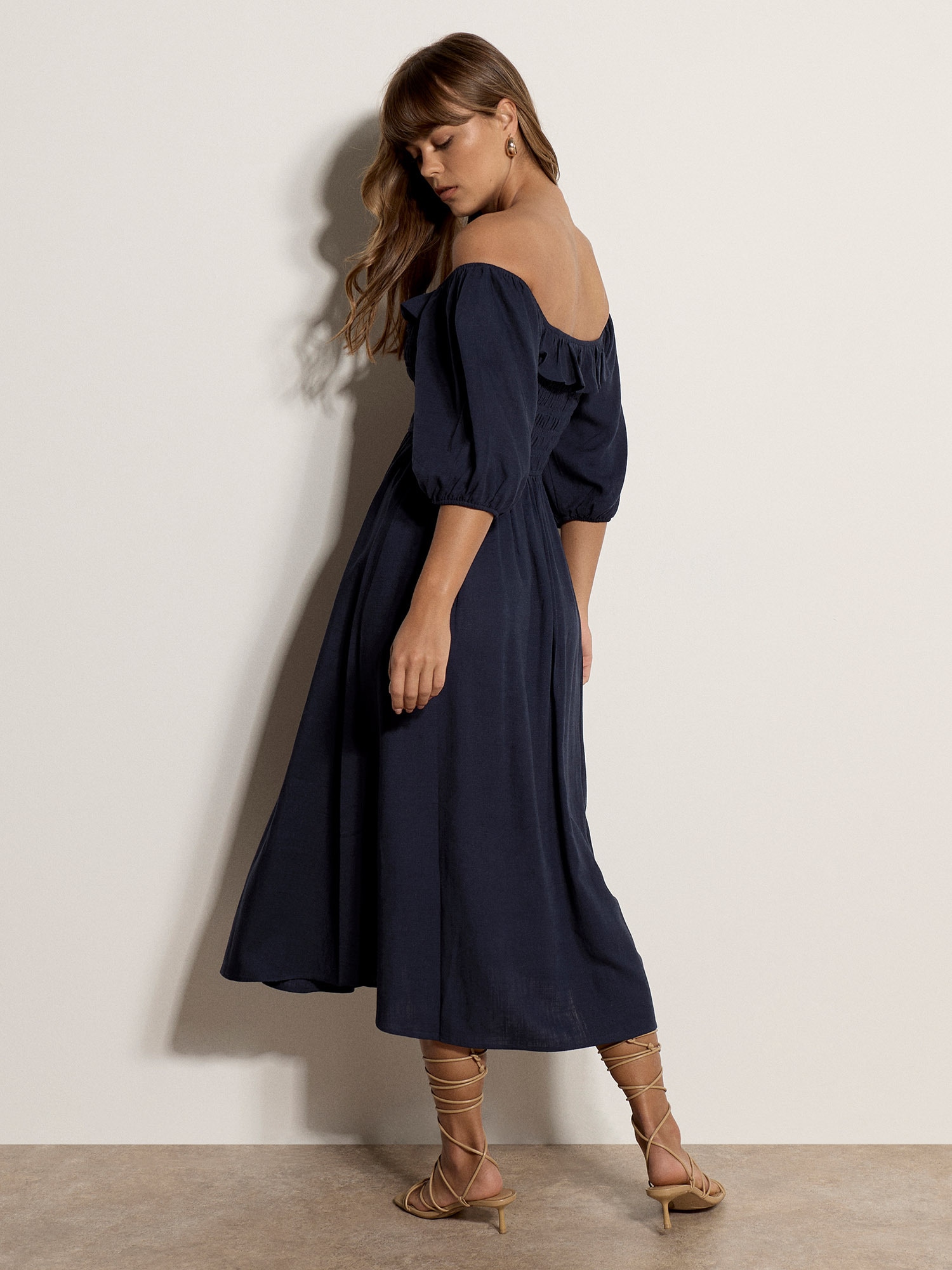 Apricot Maxikleid »Langes Kleid mit Bardot-Ausschnitt« mit Raffungen