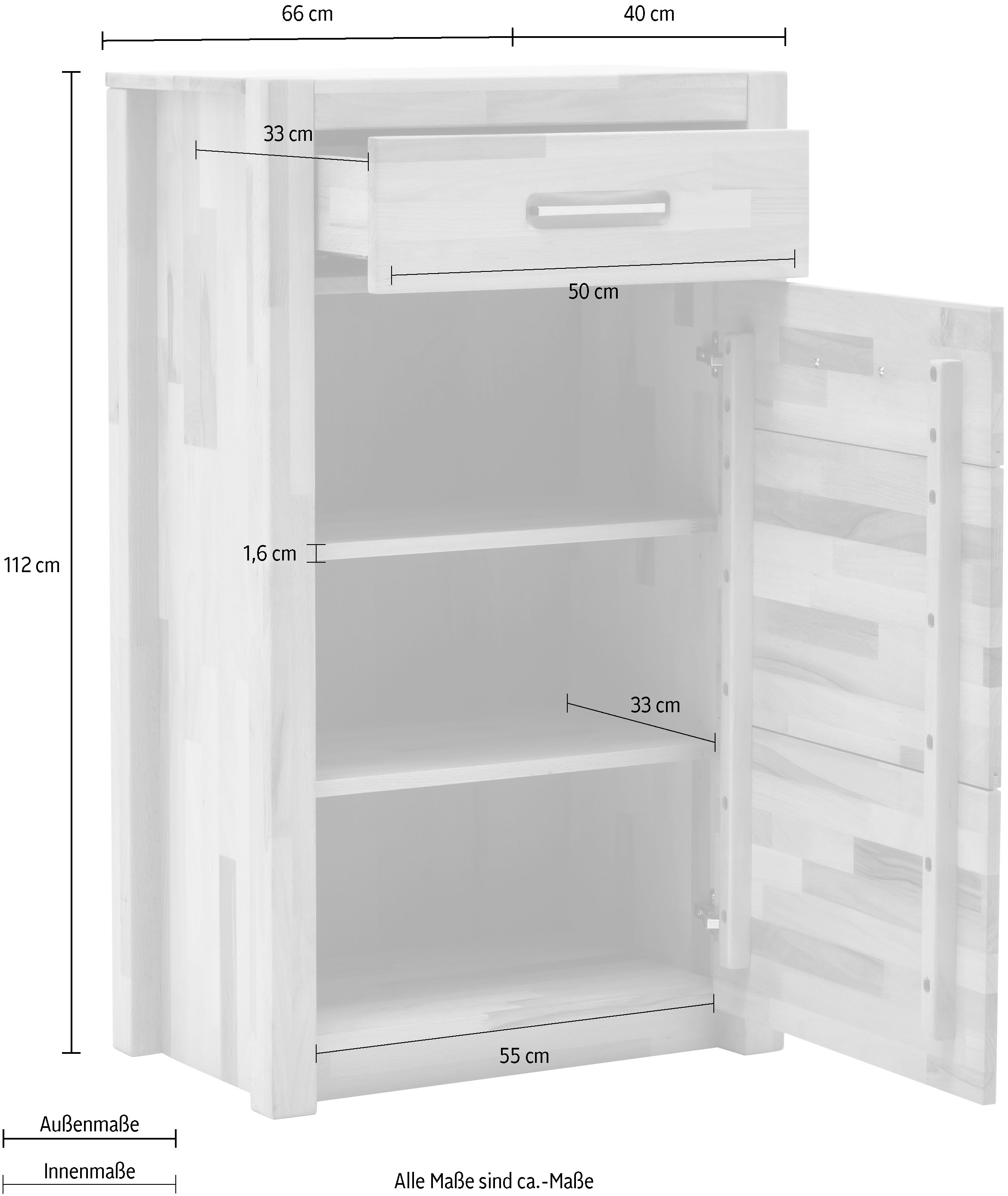 MCA living Garderobenschrank »Fenja Kommode, Schrank, Drehtürenschrank - Höhe 112 cm«, (1 St.), Massivholz, Kernbuche, 1 Tür, 1 Schubkasten, Breite 66 cm