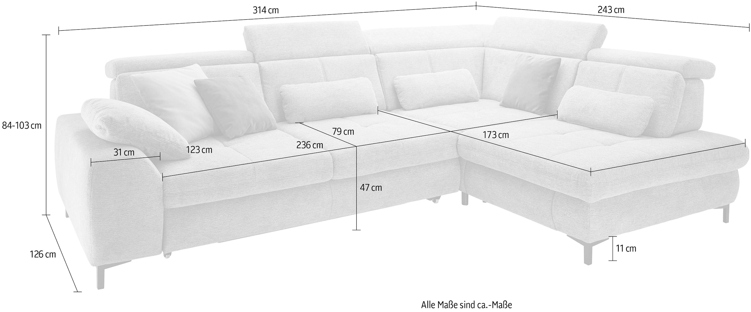 set one by Musterring Ecksofa »SO 3400, Komfortsitzhöhe 47cm oder 49cm, inkl. Sitztiefenverstellung«, verschiedene Funktionen, Kaltschaumpolsterung, Stellmaße 220 x 317 cm