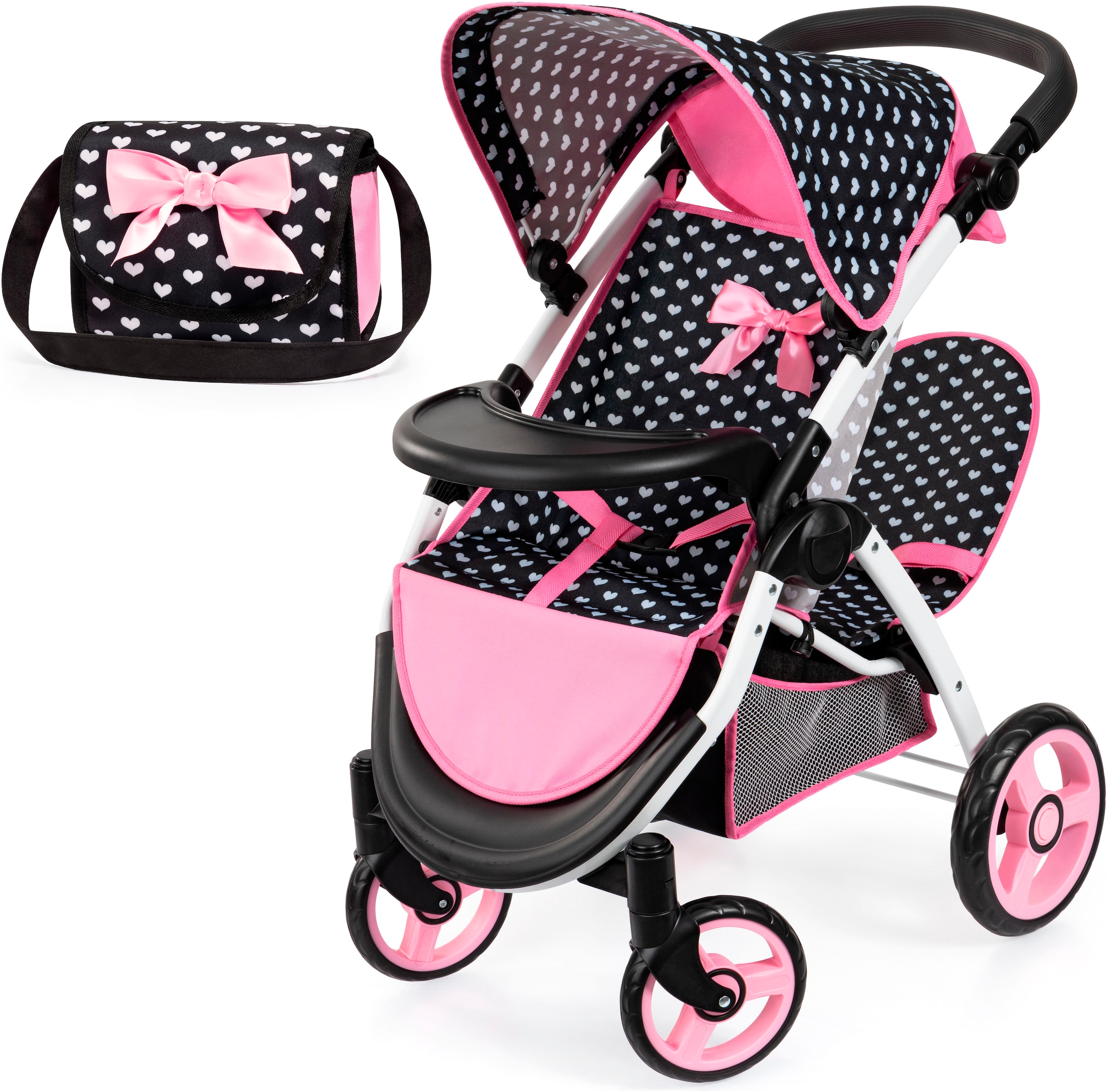 Puppen-Zwillingsbuggy »Twin Star, schwarz«, mit Wickeltasche