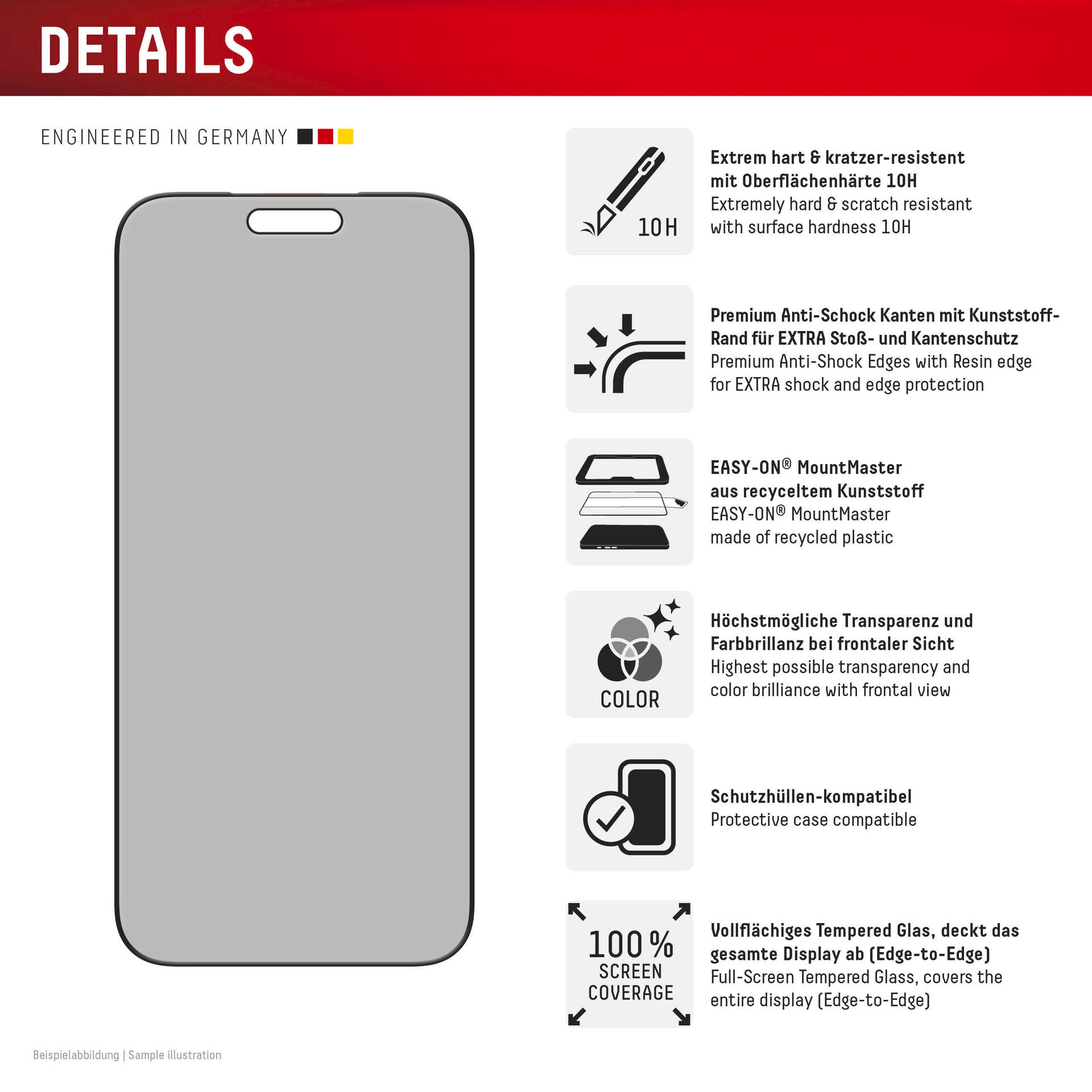 Displex Displayschutzglas »Privacy Glass Screen Protector mit EASY-ON MountMaster« für Apple iPhone 17 Pro Max Displayschutzfolie, Schutzfolie, Bildschirmschutz, kratz- & stoßfest