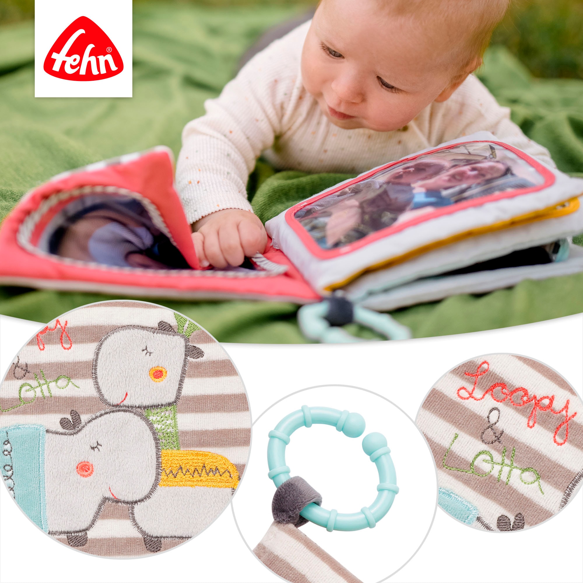 Fehn Greifspielzeug »Classic Stars, Loopy & Lotta Fotoalbum«, mit Ring zur Befestigung an Kinderwagen, Babyschale oder Bett