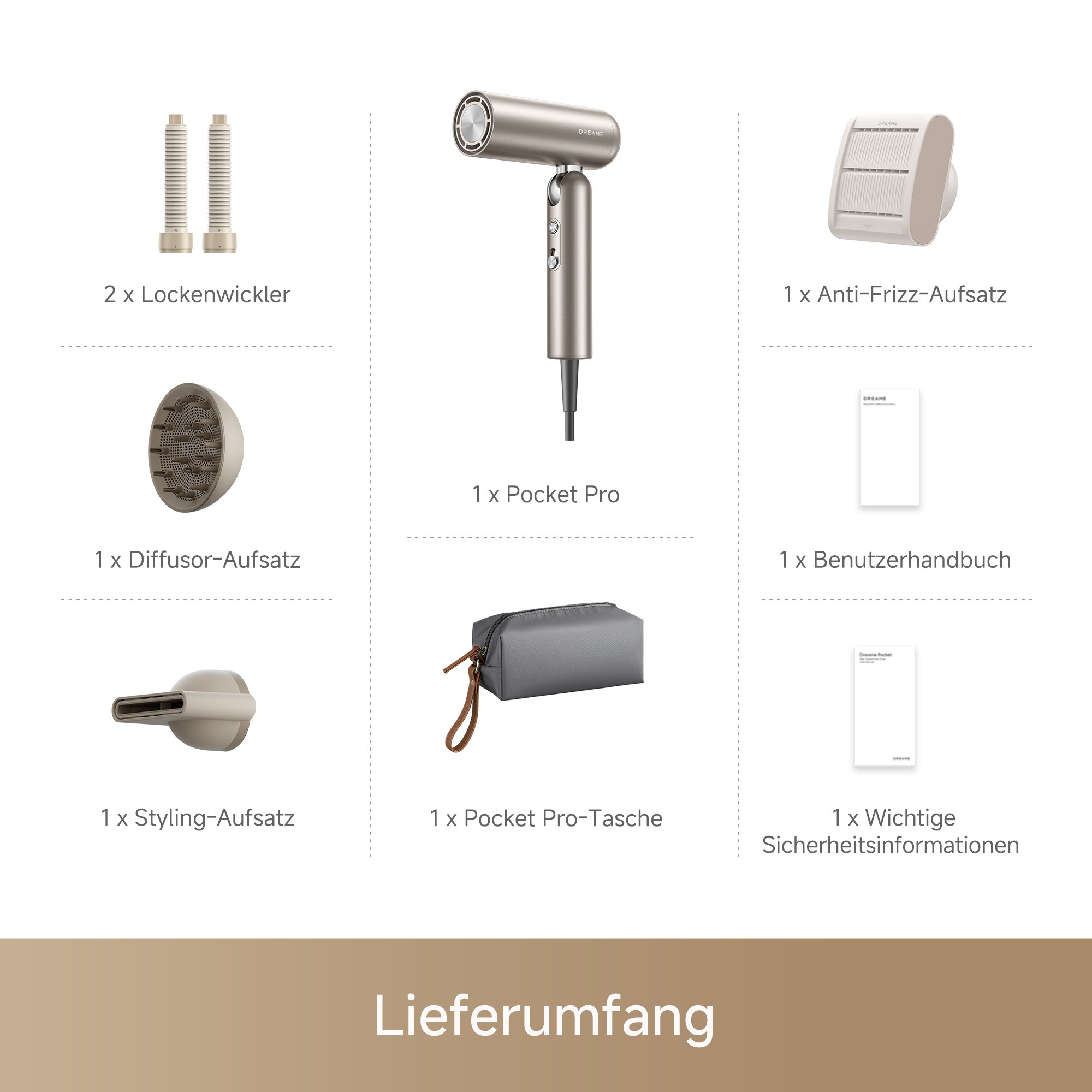 Dreame Haartrockner »Pocket Pro« 1.300 W 4 Aufsätze Hitzeschutz, Diffusor, Anti-Frizz, Lockenaufsätze