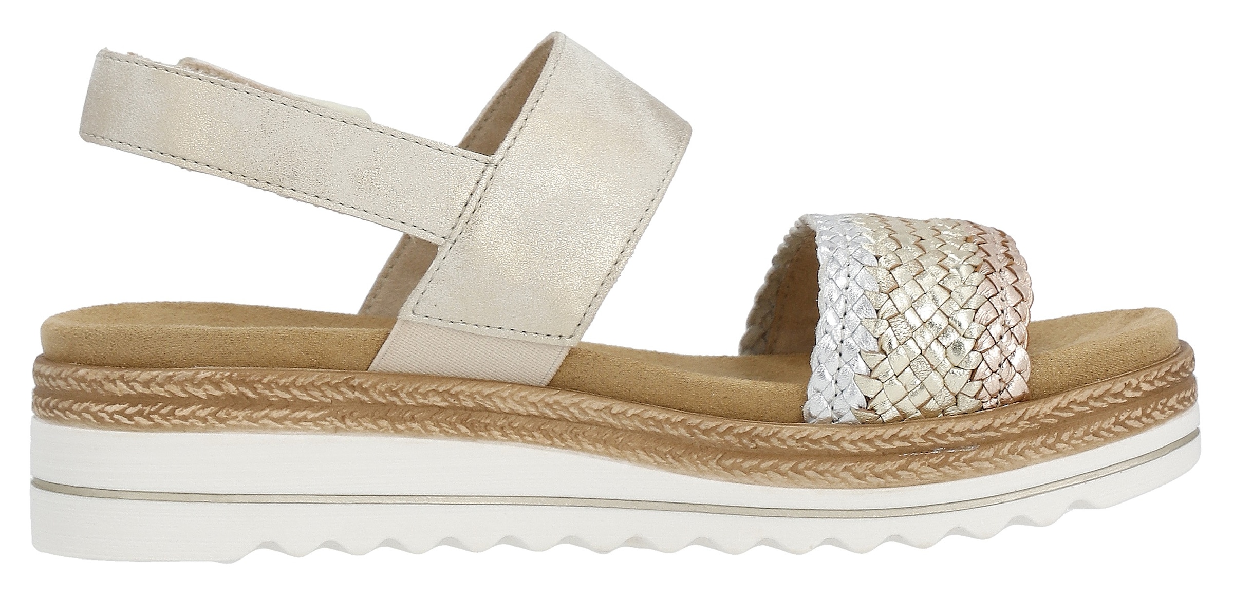 Remonte Keilsandalette »ELLE-Collection«, Sommerschuh, Sandale, Keilabsatz, mit Flechtbandage im Metalliclook