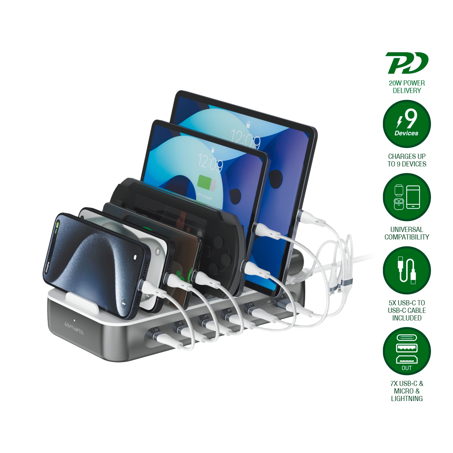 4smarts USB-Ladegerät »Team 100W 5x USB-C + 1x USB-A inklusive 6 Kabel«, bis zu 9 Geräte gleichzeitig laden