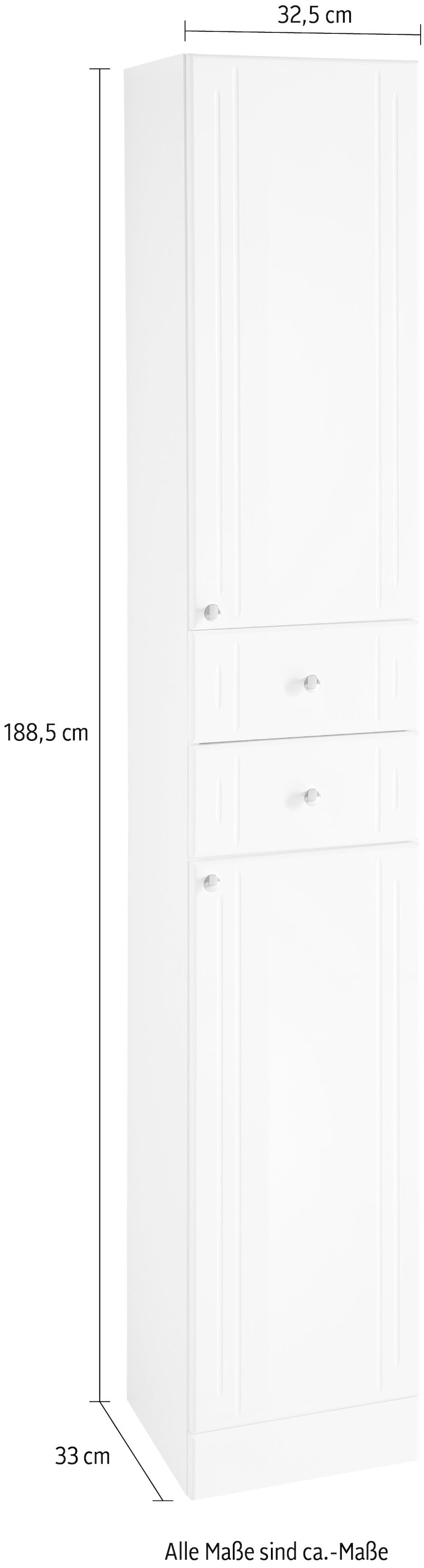 Saphir Hochschrank »Quickset 955 Badschrank, 32,5 cm breit, 2 Türen, 2 Schubladen«, Badezimmer-Hochschrank inkl. Türdämpfer, Griffe in Chrom glänzend