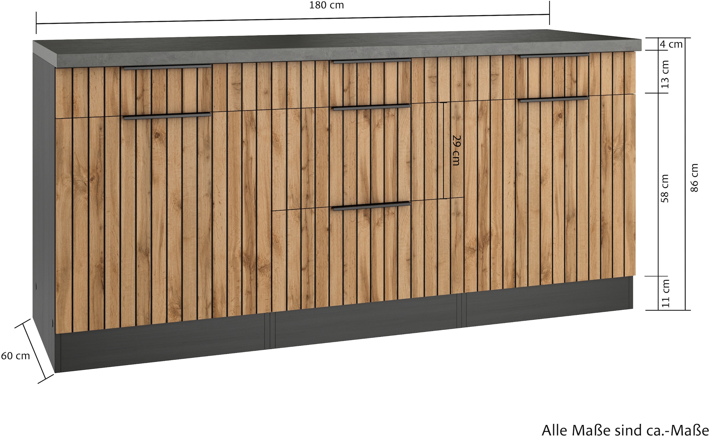 KOCHSTATION Unterschrank »KS-Lagos«, Breite 180 cm, 2 Türen, 2 Auszüge, 3 Schubkästen